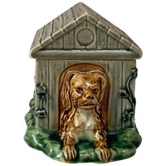 Antique French Majolica Box Dog in a Kennel, circa 1880