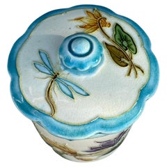 French Majolica Box with Cyclamens, Circa 1890