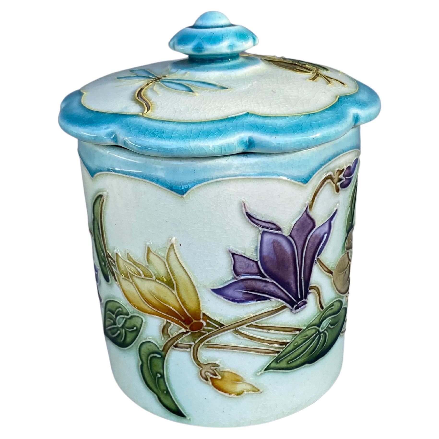 French Majolica Box with Cyclamens, Circa 1890 For Sale