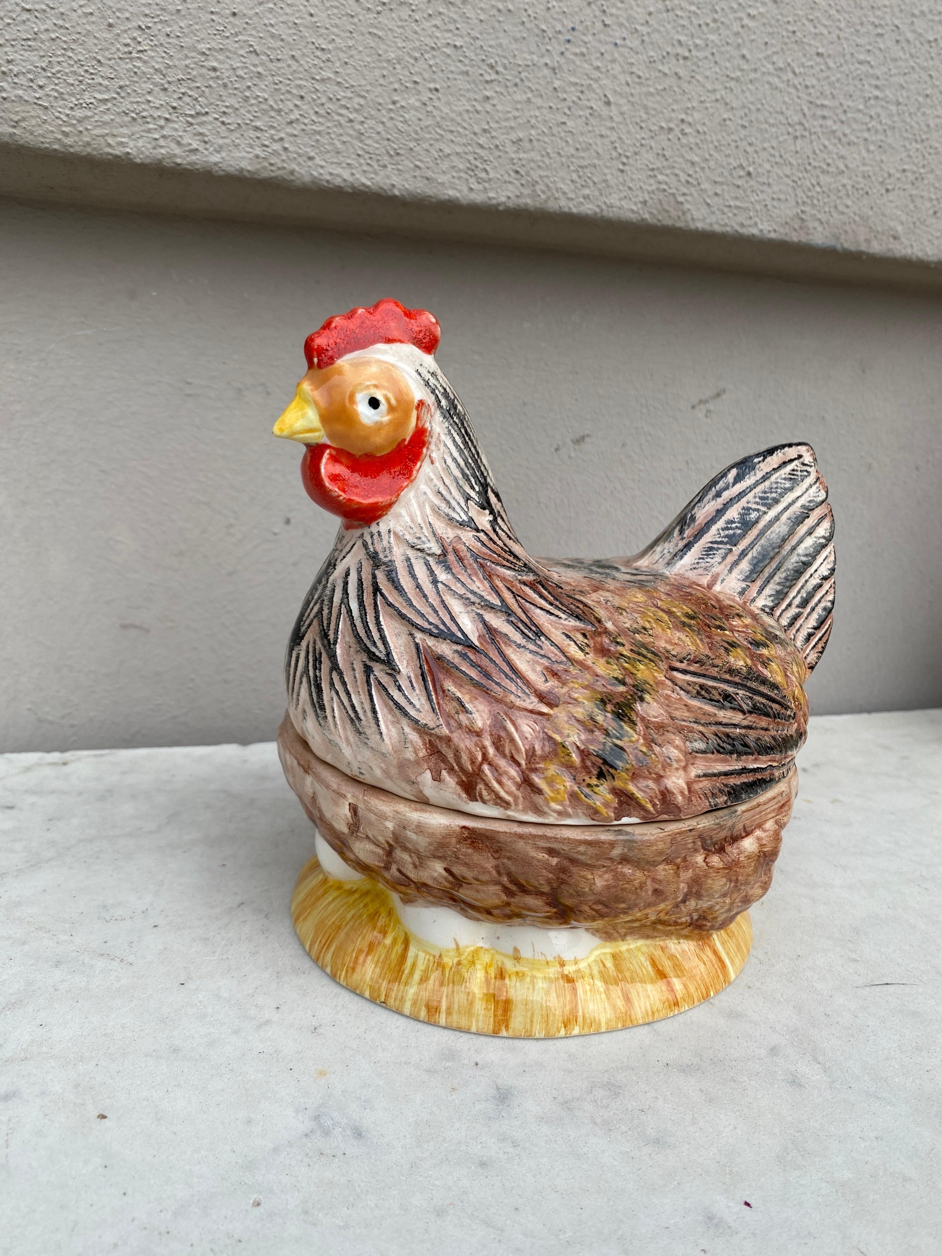 Country French Majolica Brown Hen Tureen Caugant For Sale