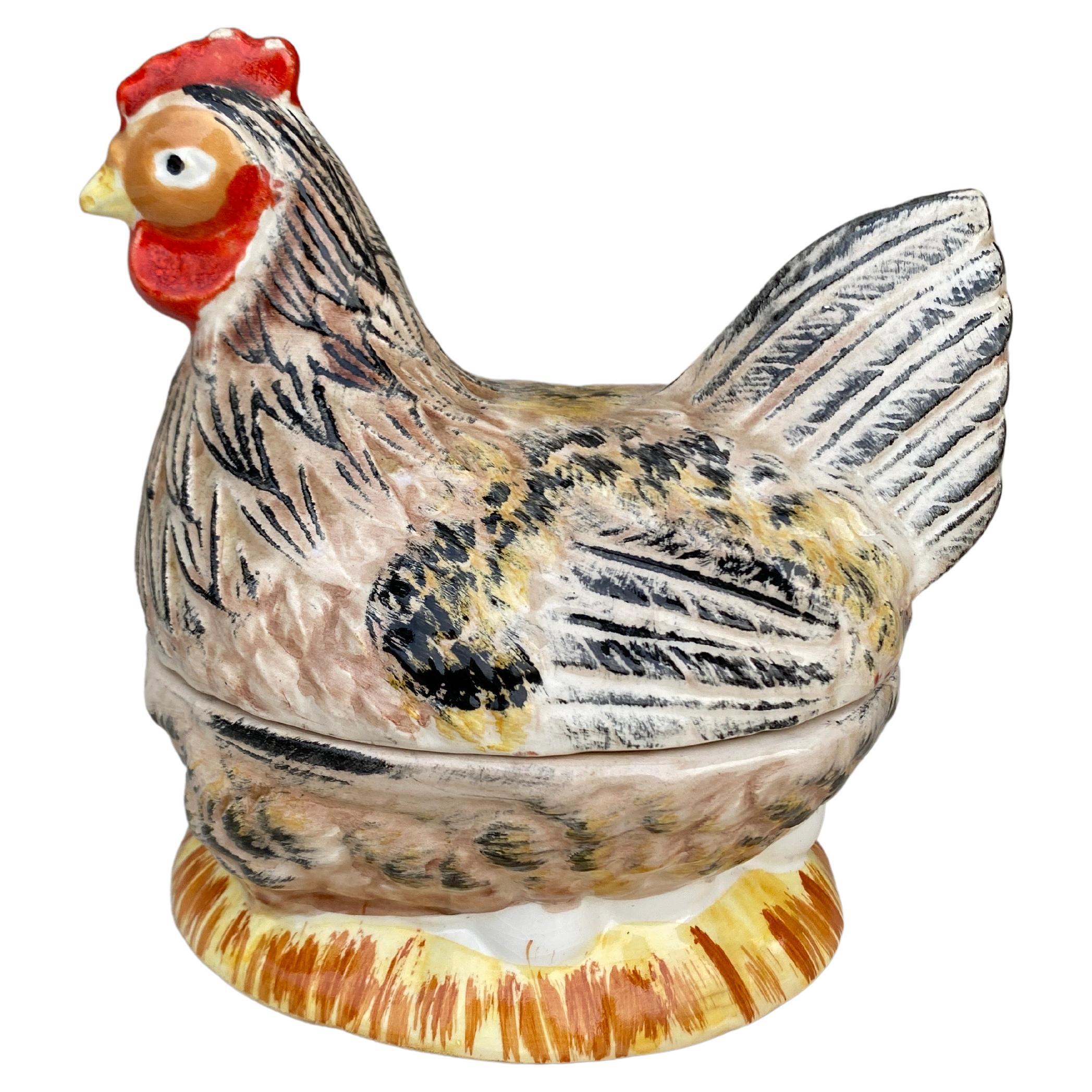 French Majolica Brown Hen Tureen Caugant For Sale