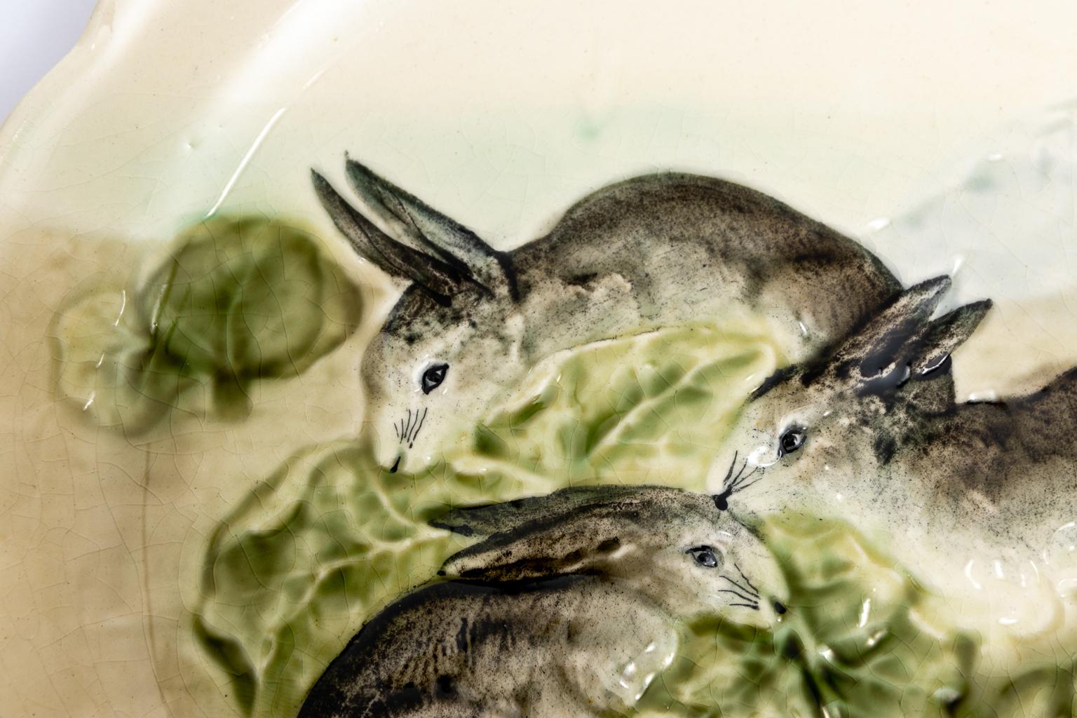Painted French Majolica Bunny Plate
