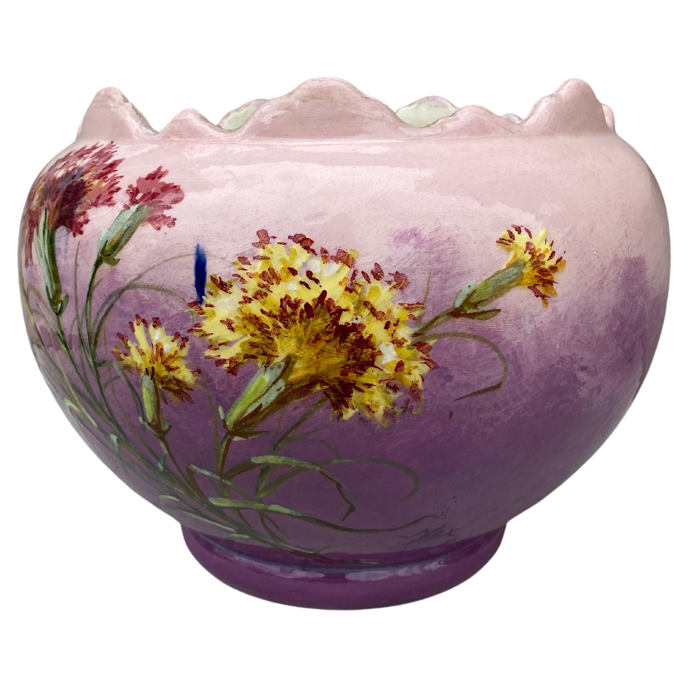 Hand-Painted French Majolica Carnation Cache Pot Jérôme Massier Fils , Circa 1890 For Sale