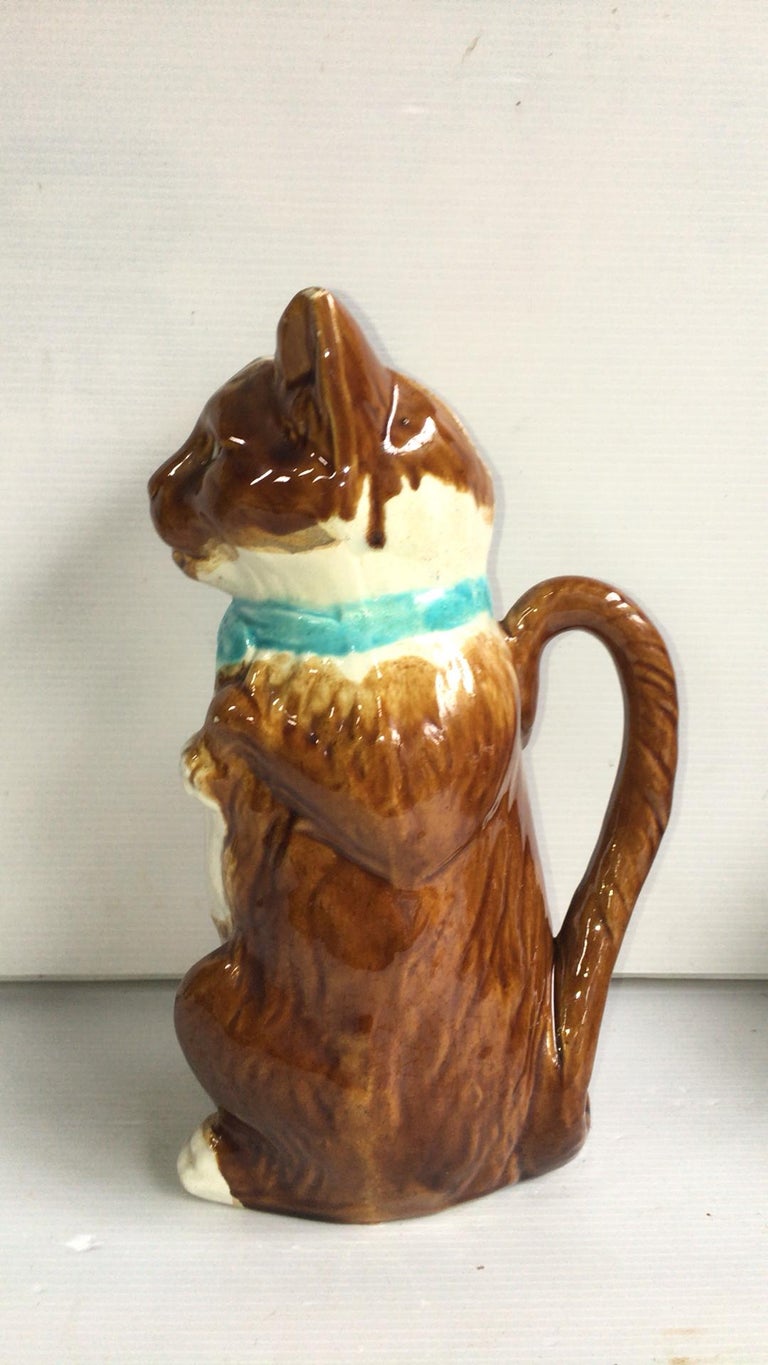 French Provincial French Majolica Cat with Mandolin Pitcher with Blue Ribbon, circa 1890 For Sale