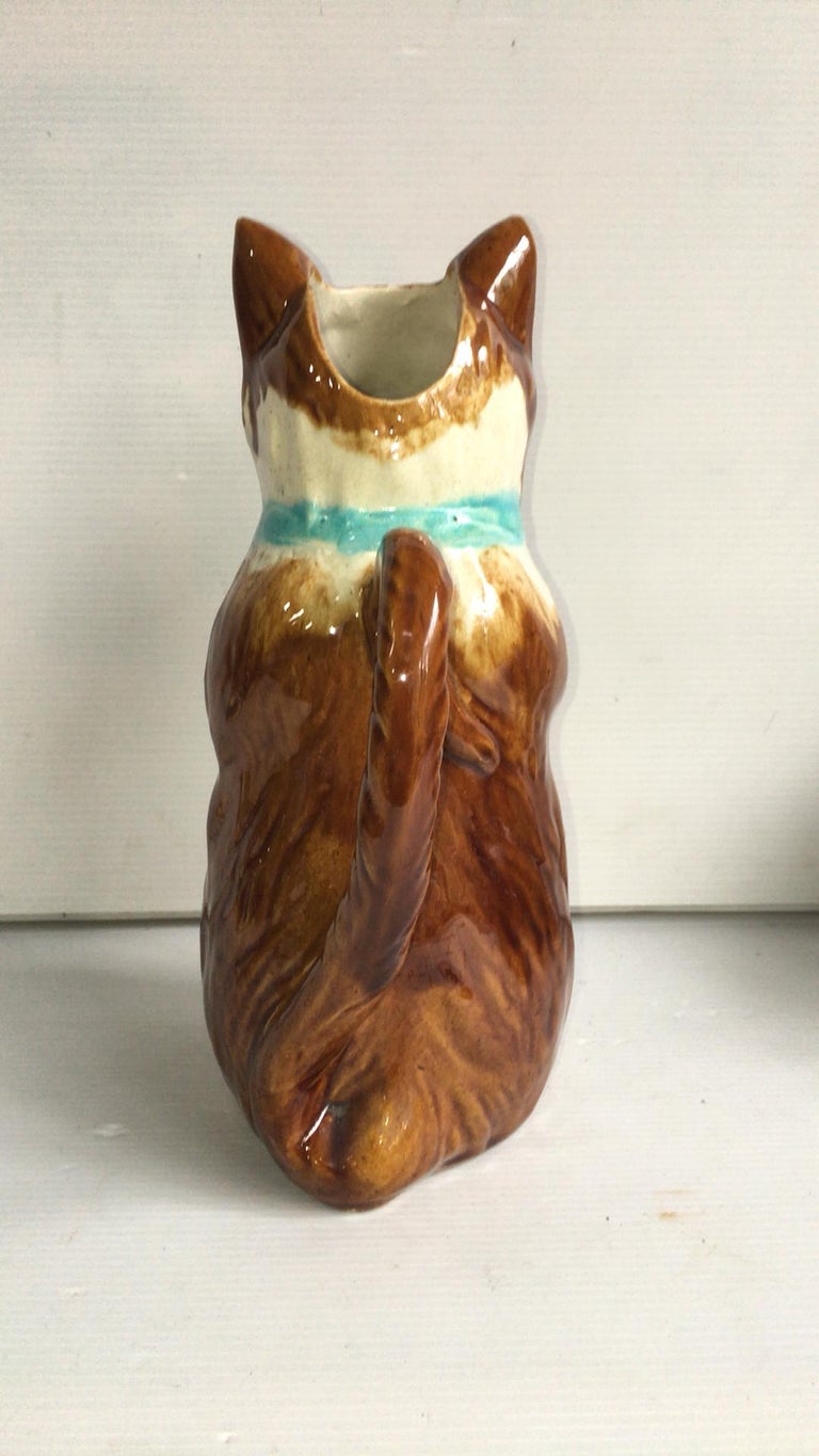 French Majolica Cat with Mandolin Pitcher with Blue Ribbon, circa 1890 In Good Condition For Sale In Austin, TX