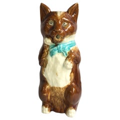 French Majolica Cat with Mandolin Pitcher with Blue Ribbon, circa 1890