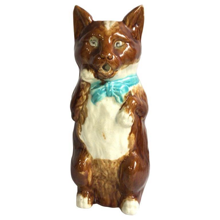 French Majolica Cat with Mandolin Pitcher with Blue Ribbon, circa 1890 For Sale