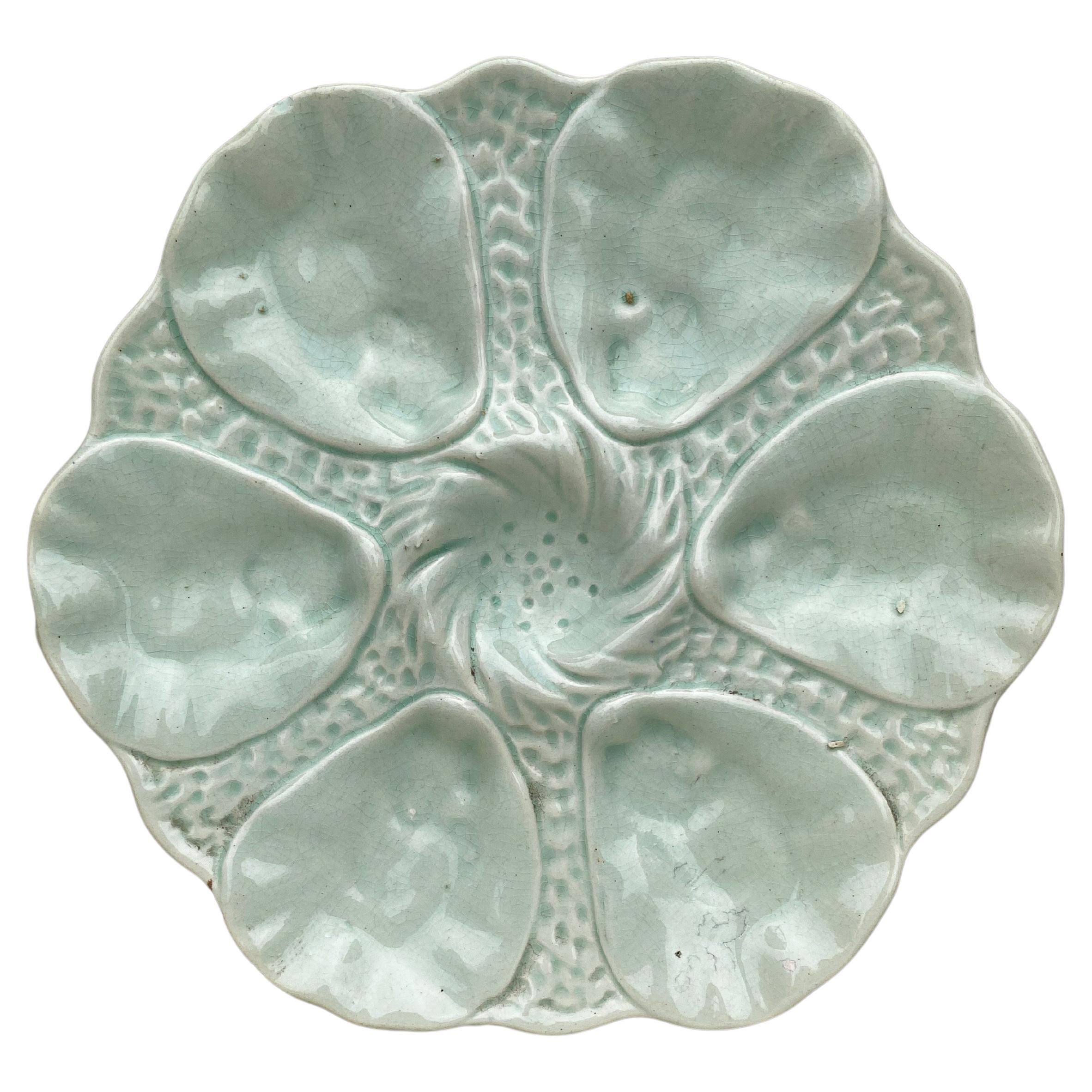 French Majolica Celadon Oyster Plate Orchies, circa 1910 For Sale