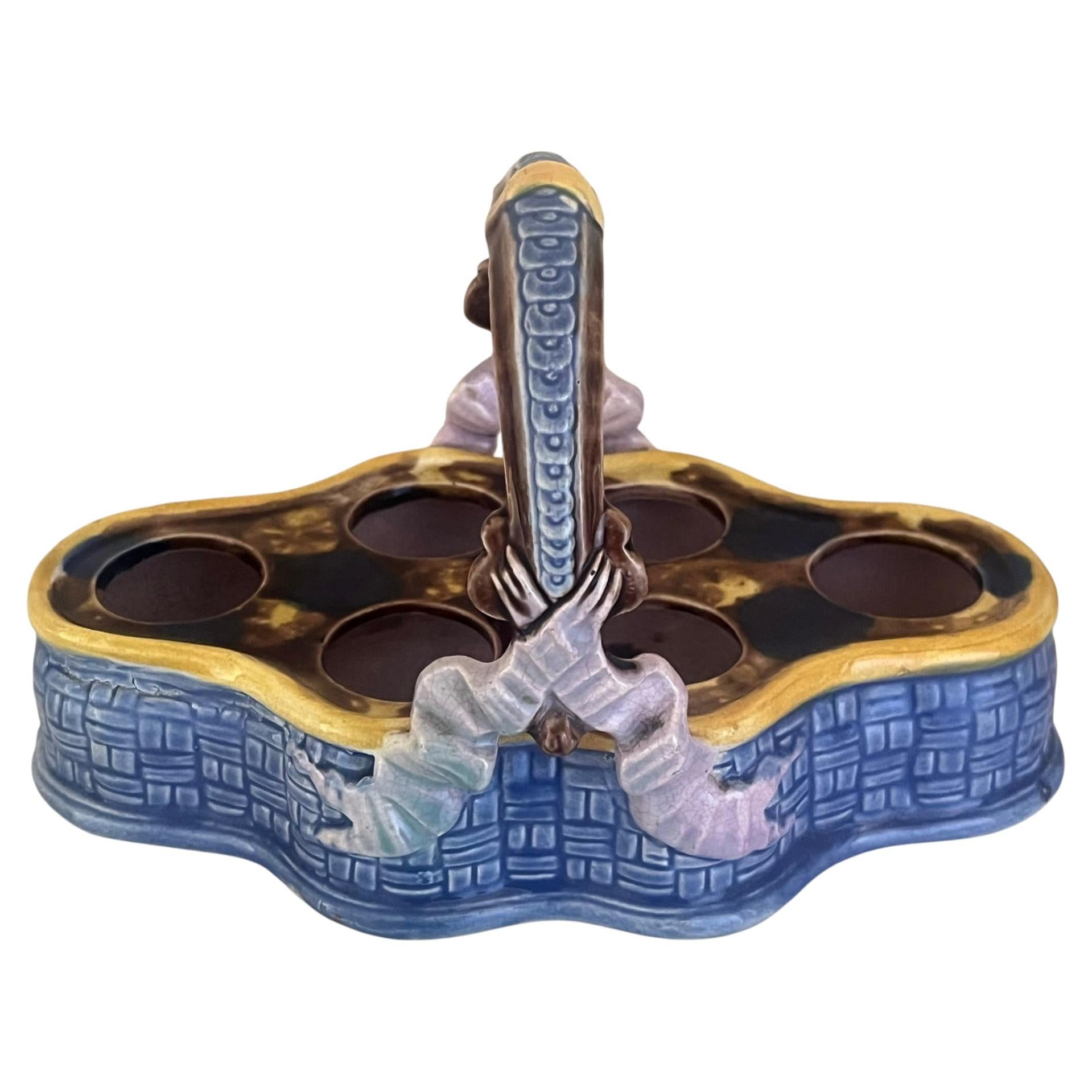 French Majolica Ceramic Egg Holder Basket, 19th Century For Sale