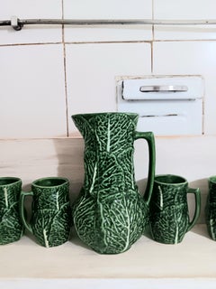 French Majolica Ceramic Jug and 6 Mug Cups Shape of Cabbage
