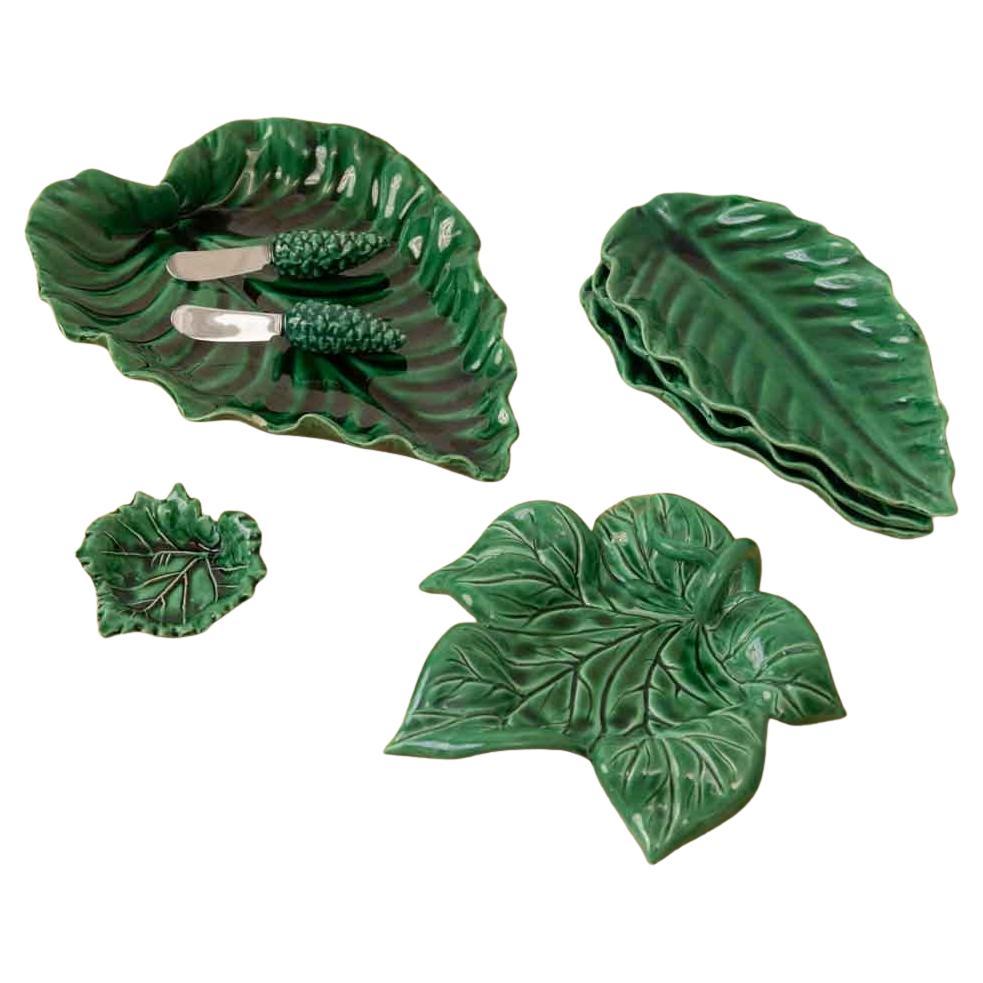 French Majolica Ceramic Leaf Set, 1970s