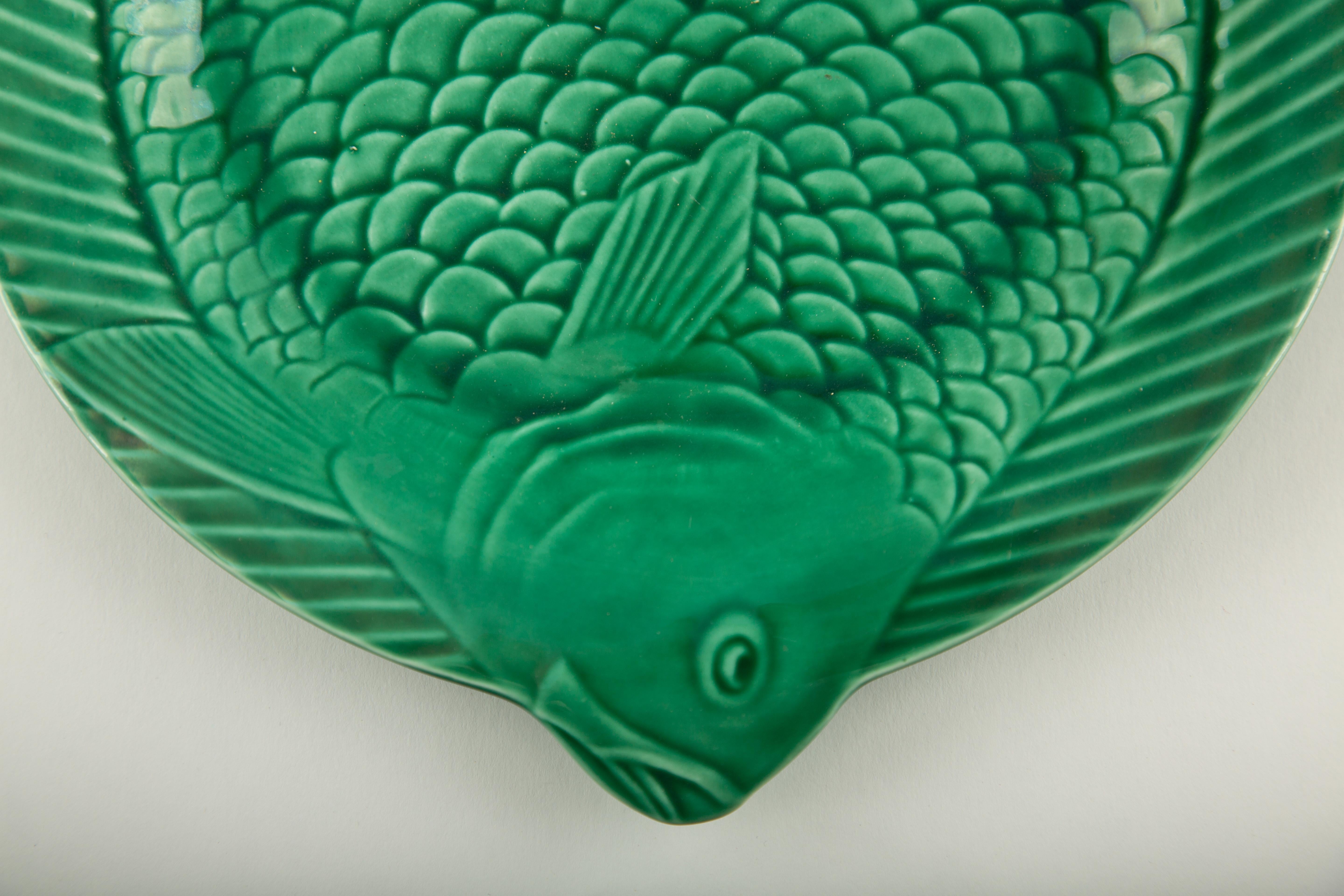 French Majolica Charm: Sarreguemines Green Fish Dining Set For Sale 3