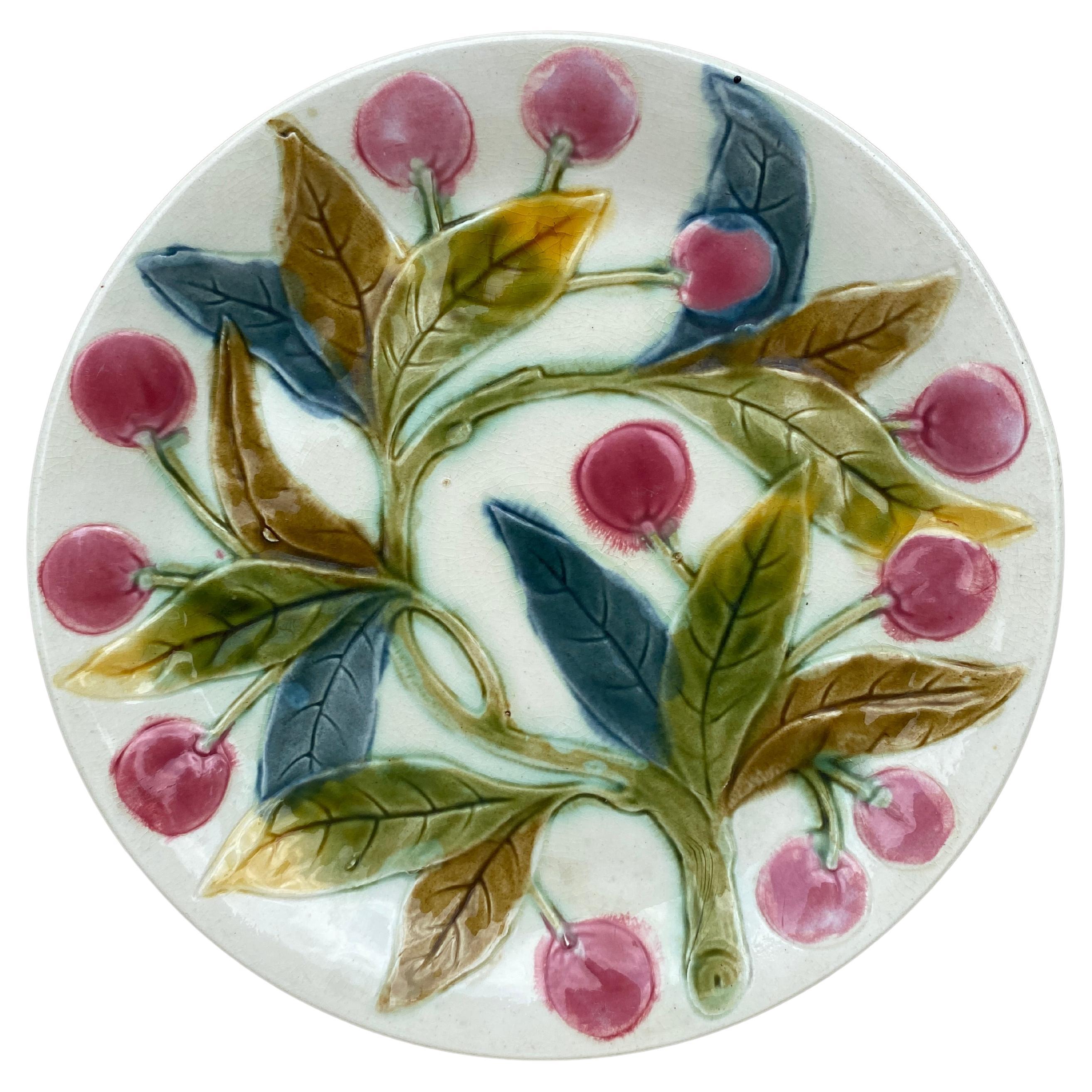 French Majolica Cherries Plate, circa 1890 For Sale