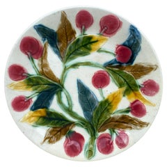 Antique French Majolica Cherries Plate, circa 1890