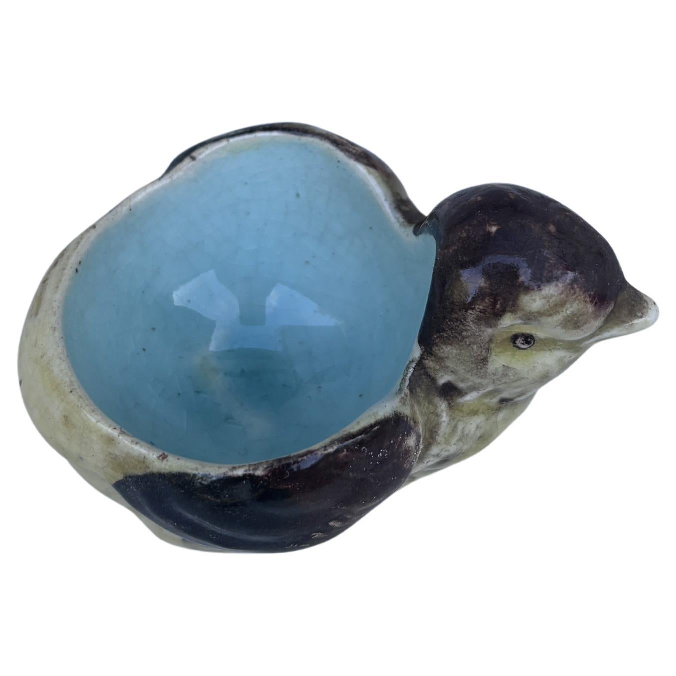 Rustic French Majolica Chick Egg Cup Circa 1890 For Sale