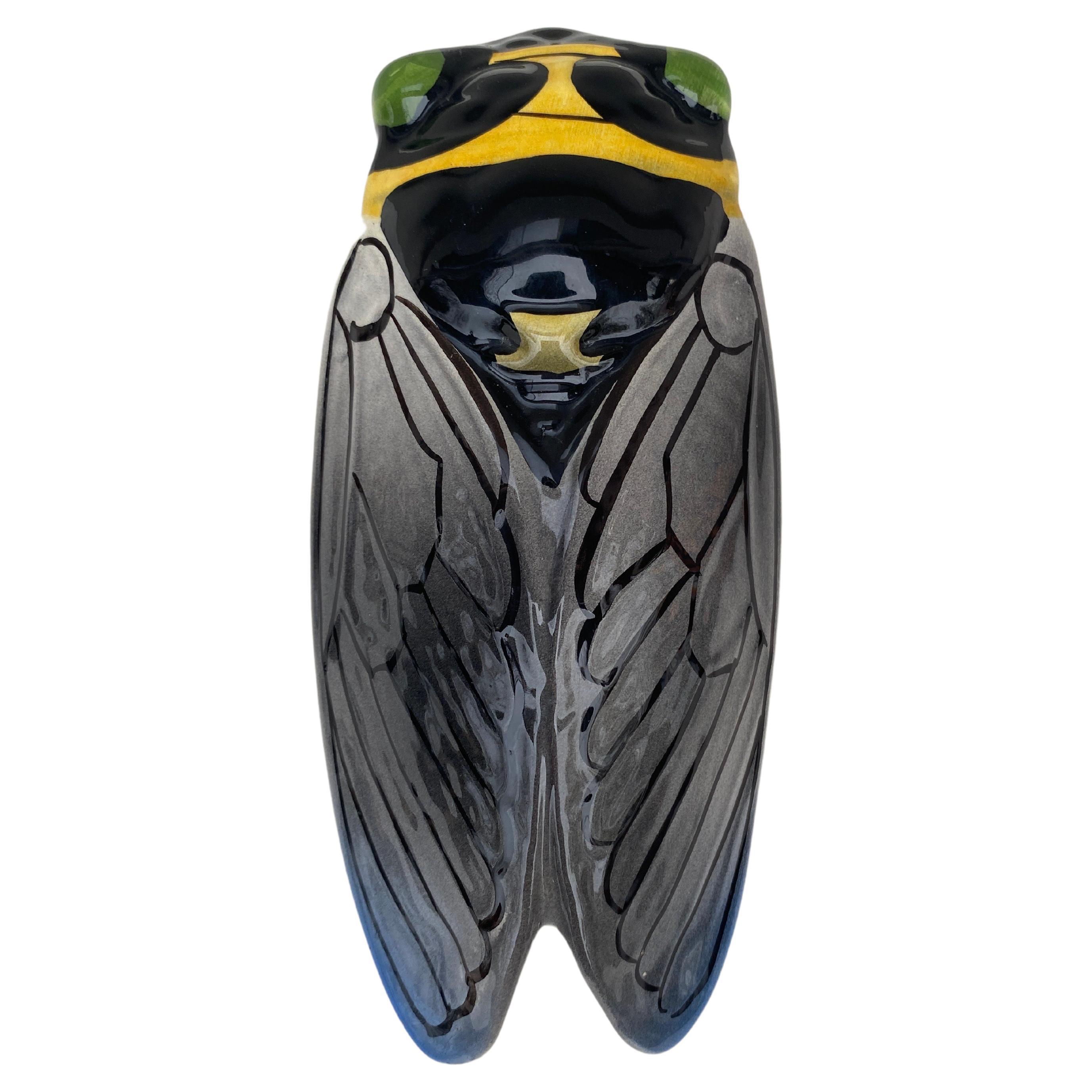 French Majolica Cicada Wall Pocket Sicart Circa 1950 For Sale