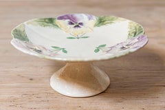 French Majolica Compote with Pansies and Scalloped Edge from the 19th Century
