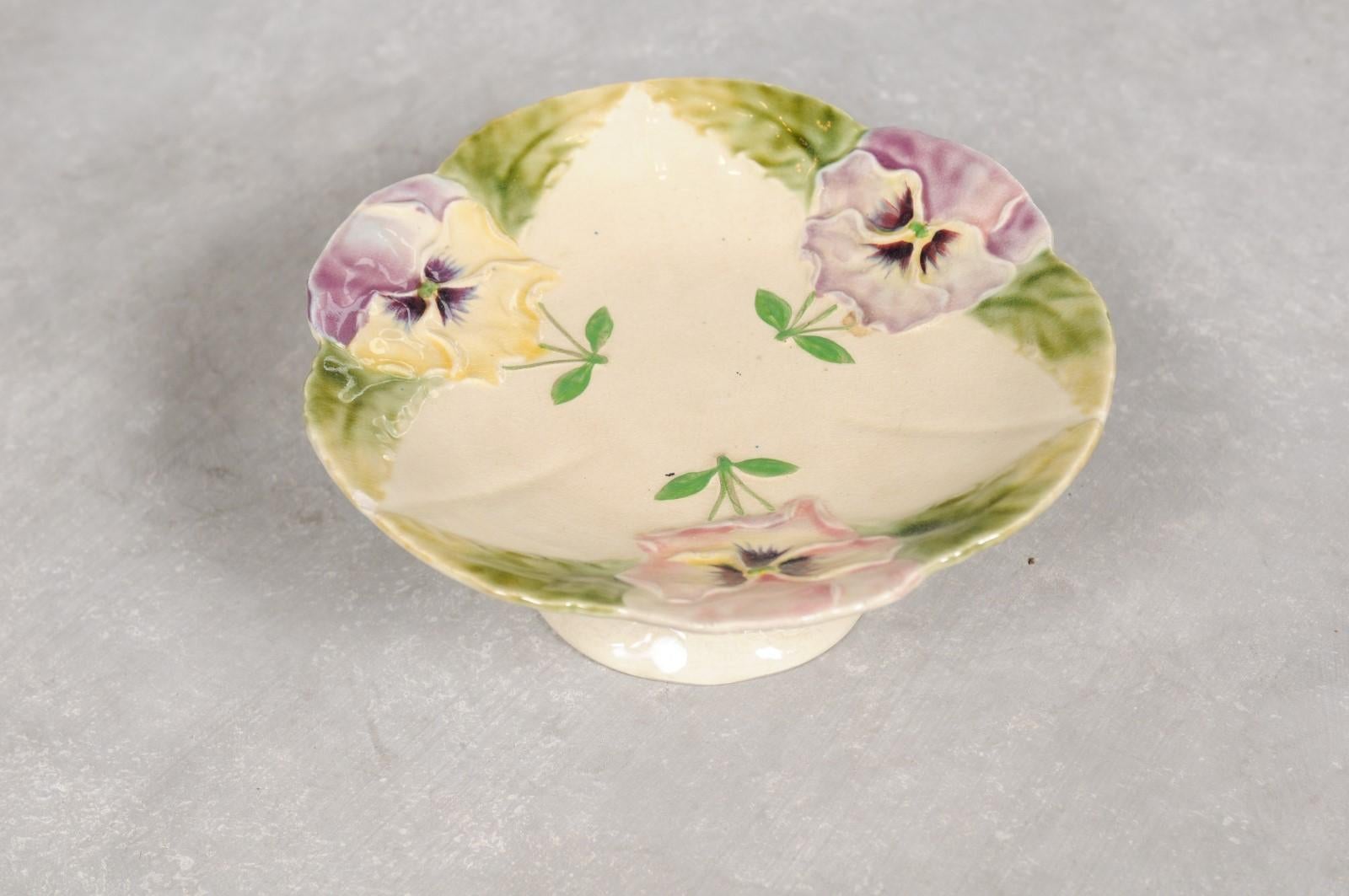 French Majolica Compote with Pansies and Scalloped Edge from the 19th Century 1