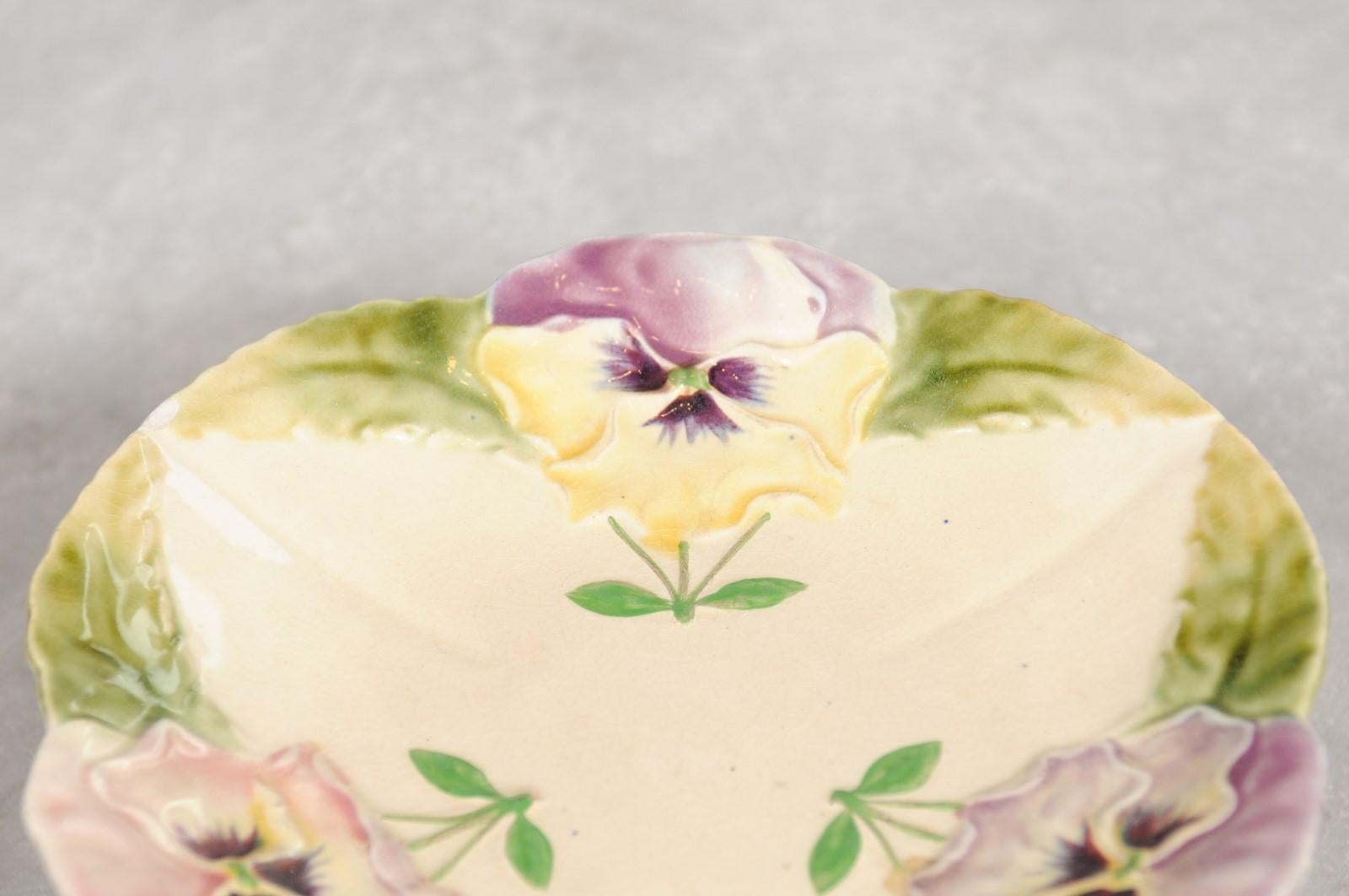 French Majolica Compote with Pansies and Scalloped Edge from the 19th Century 5