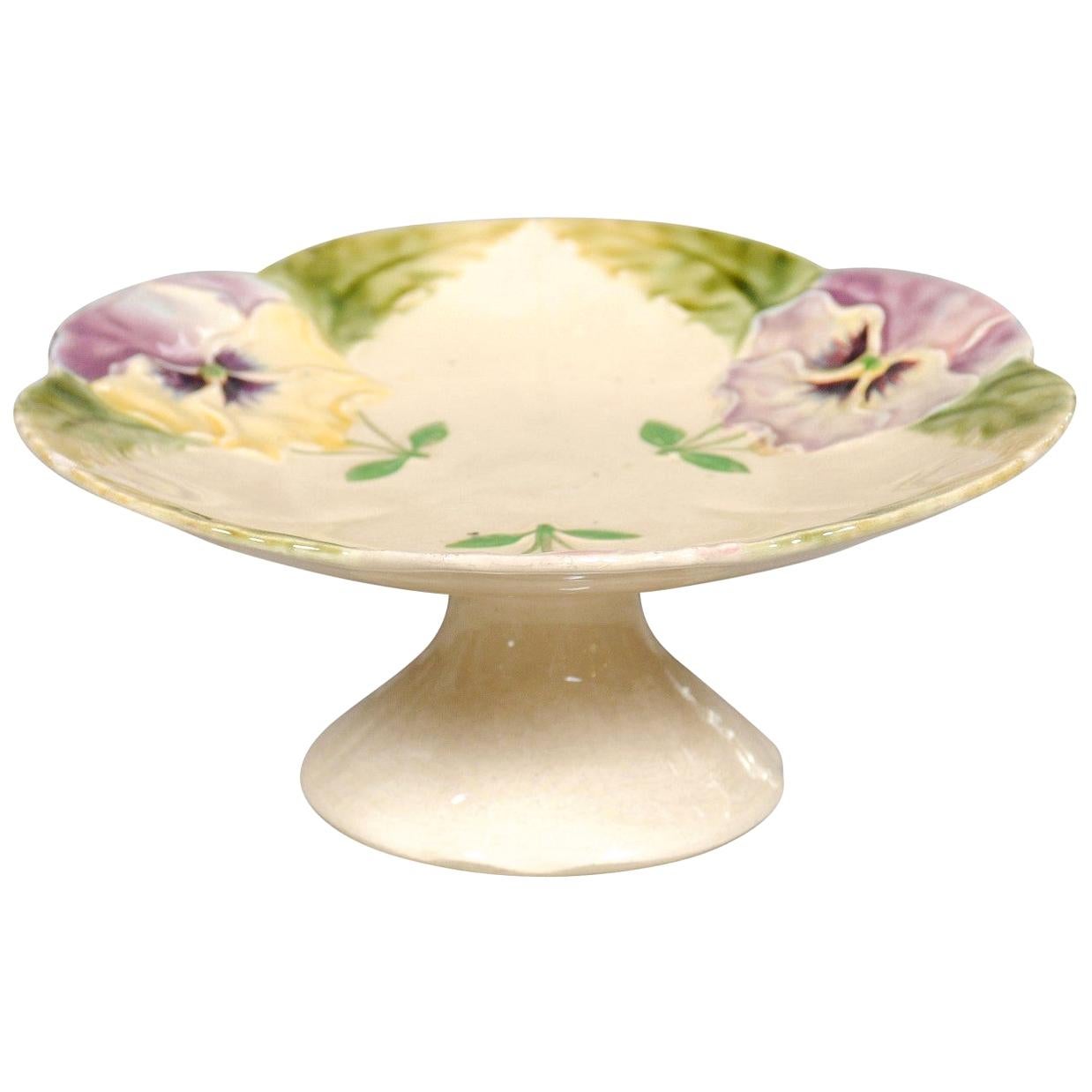 French Majolica Compote with Pansies and Scalloped Edge from the 19th Century For Sale