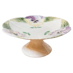 French Majolica Compote with Pansies and Scalloped Edge from the 19th Century