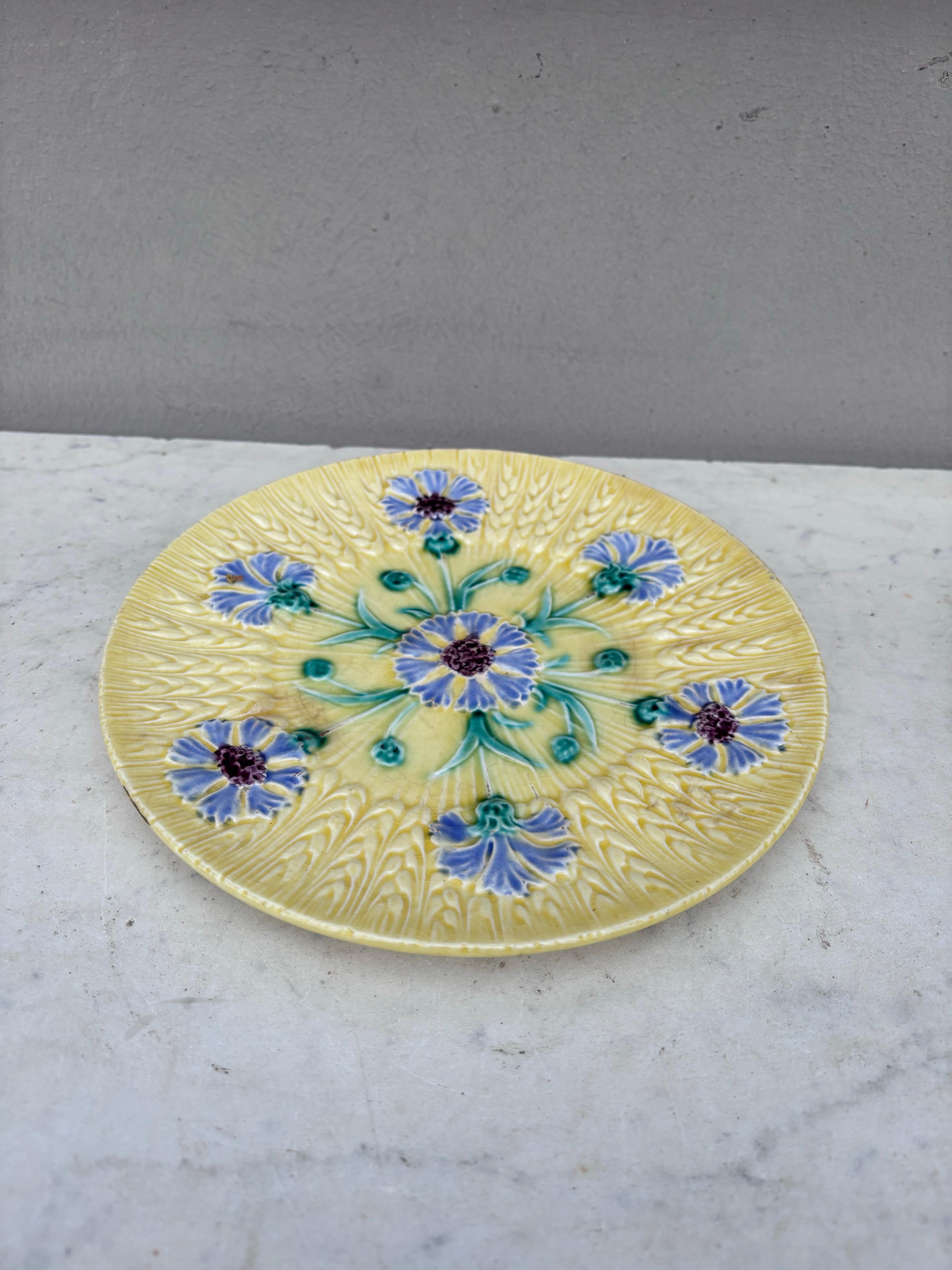 French Majolica cornflower and wheat plate Sarreguemines, Circa 1890.