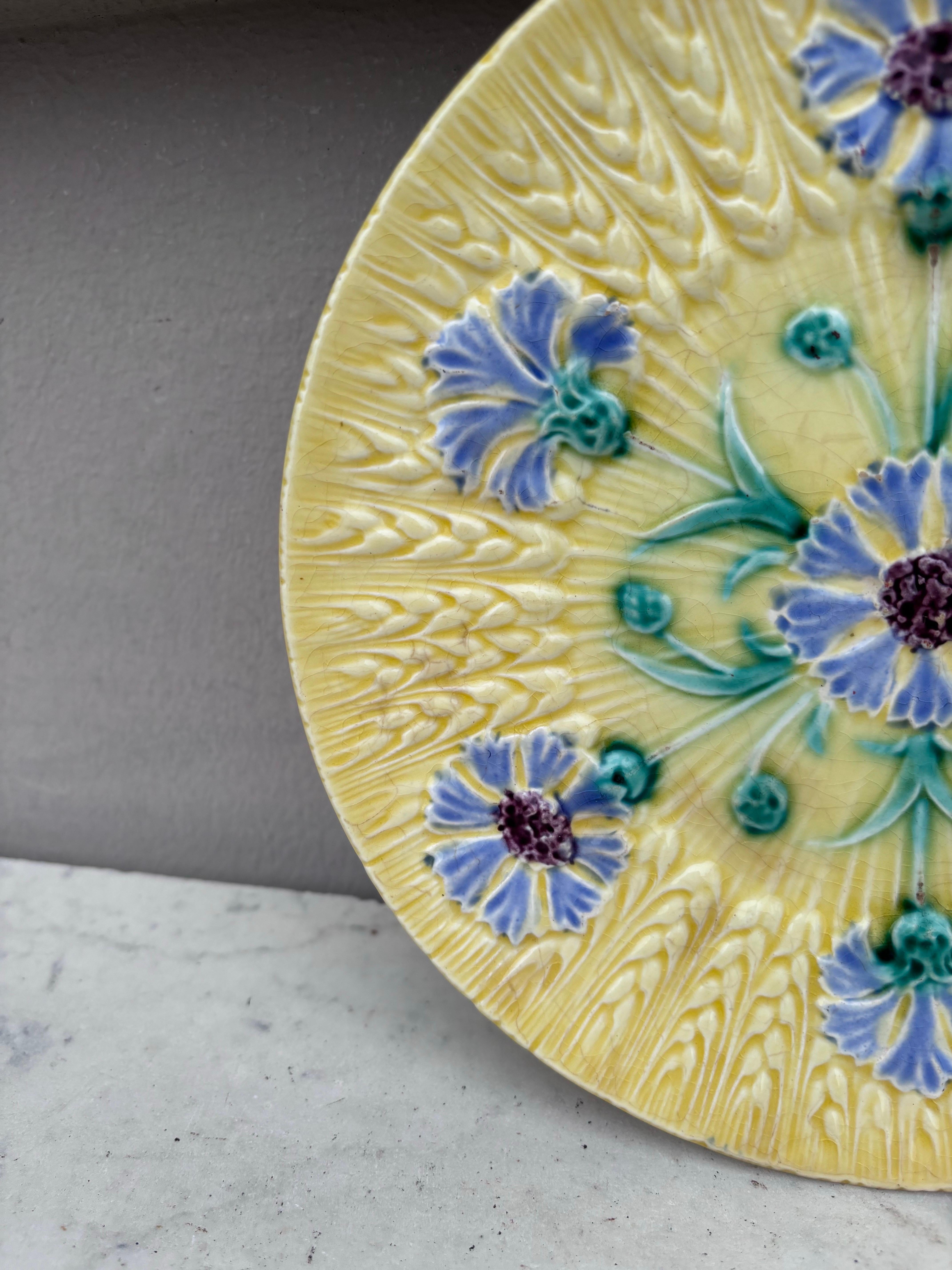 Rustic French Majolica Cornflower Plate Sarreguemines, Circa 1890 For Sale