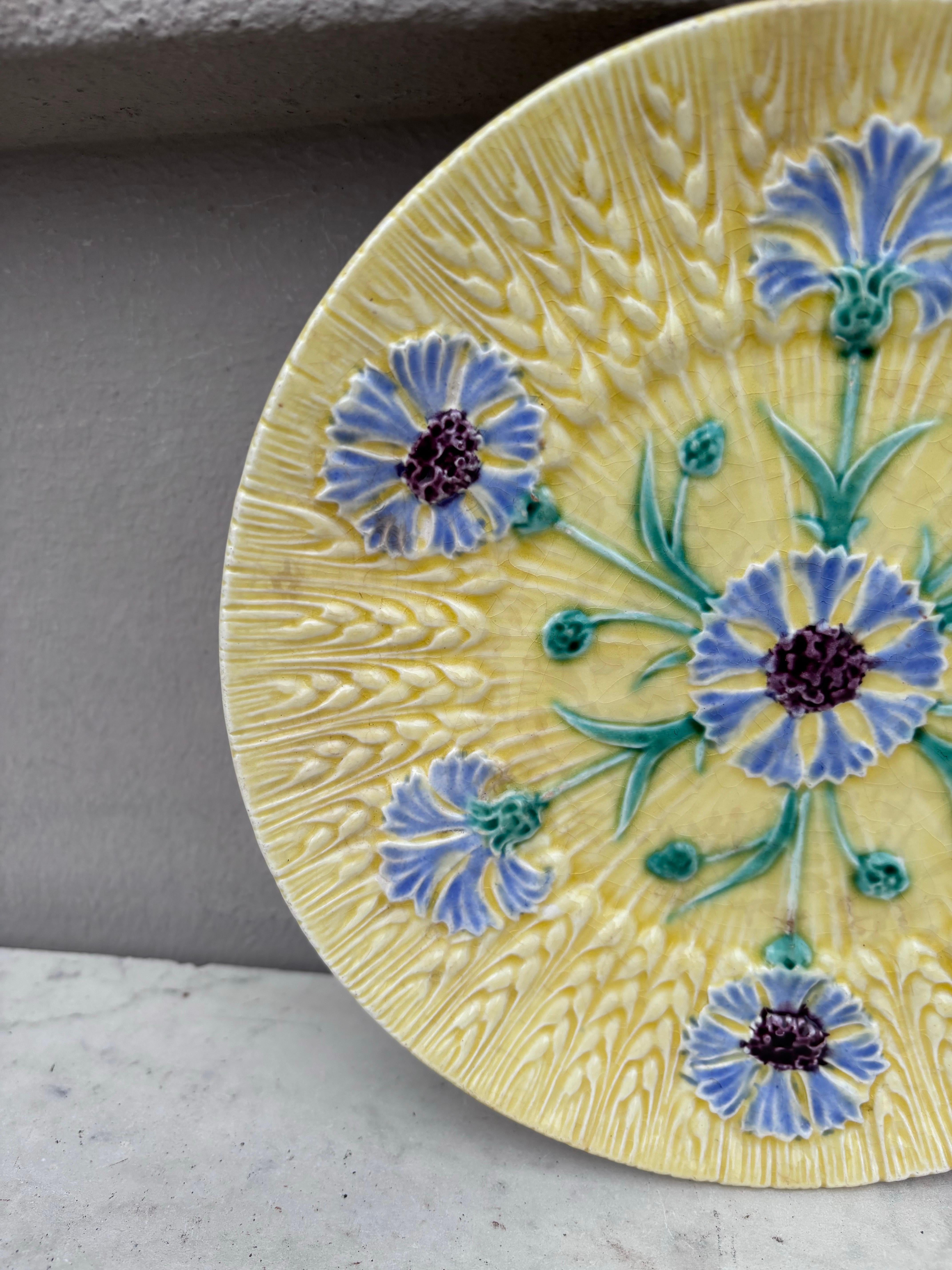 Rustic French Majolica Cornflower Plate Sarreguemines, Circa 1890 For Sale