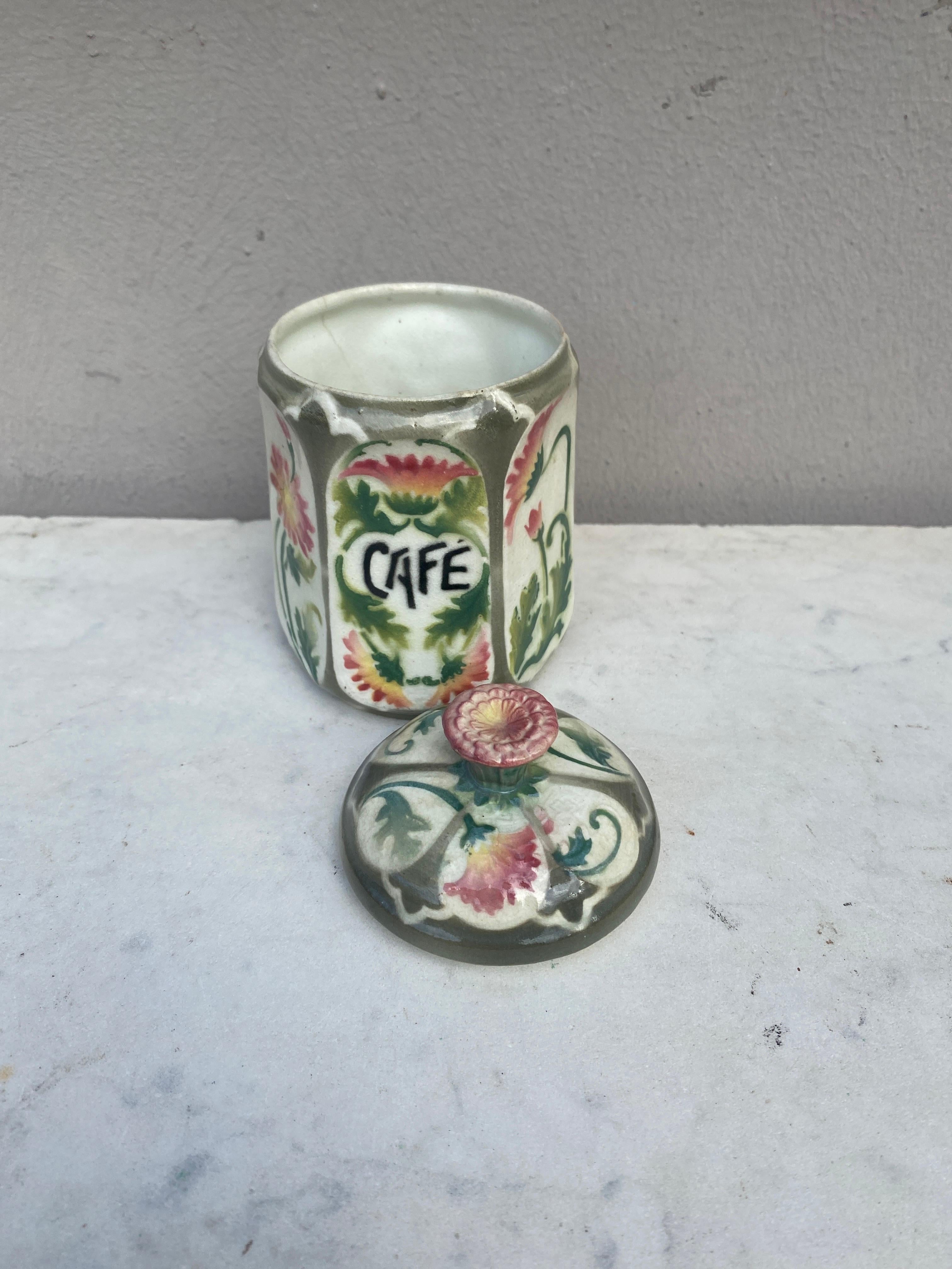 Art Nouveau French Majolica Daisies Kitchen Coffee Canister Circa 1900 For Sale