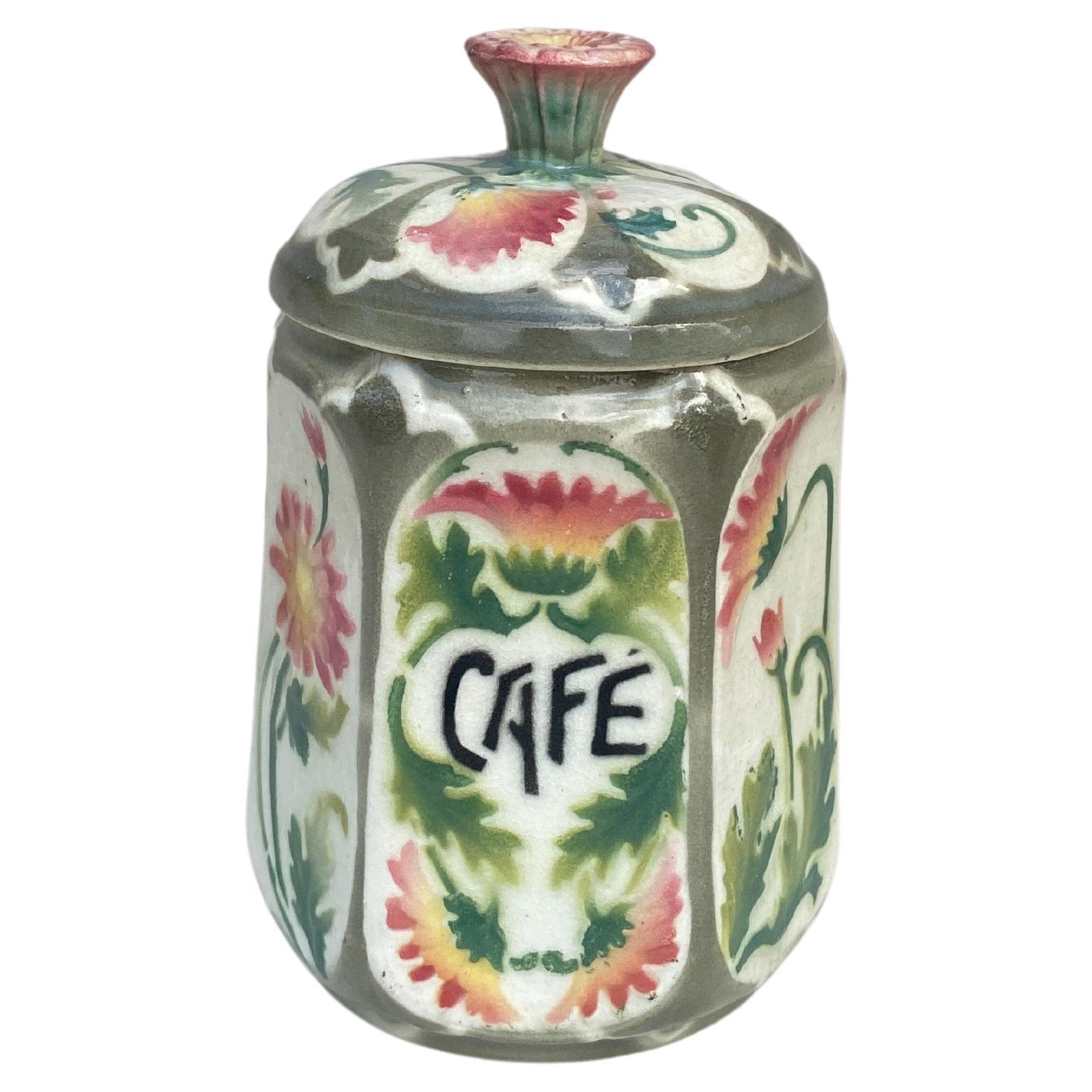 Boîte à café de cuisine Daisies en majolique française vers 1900