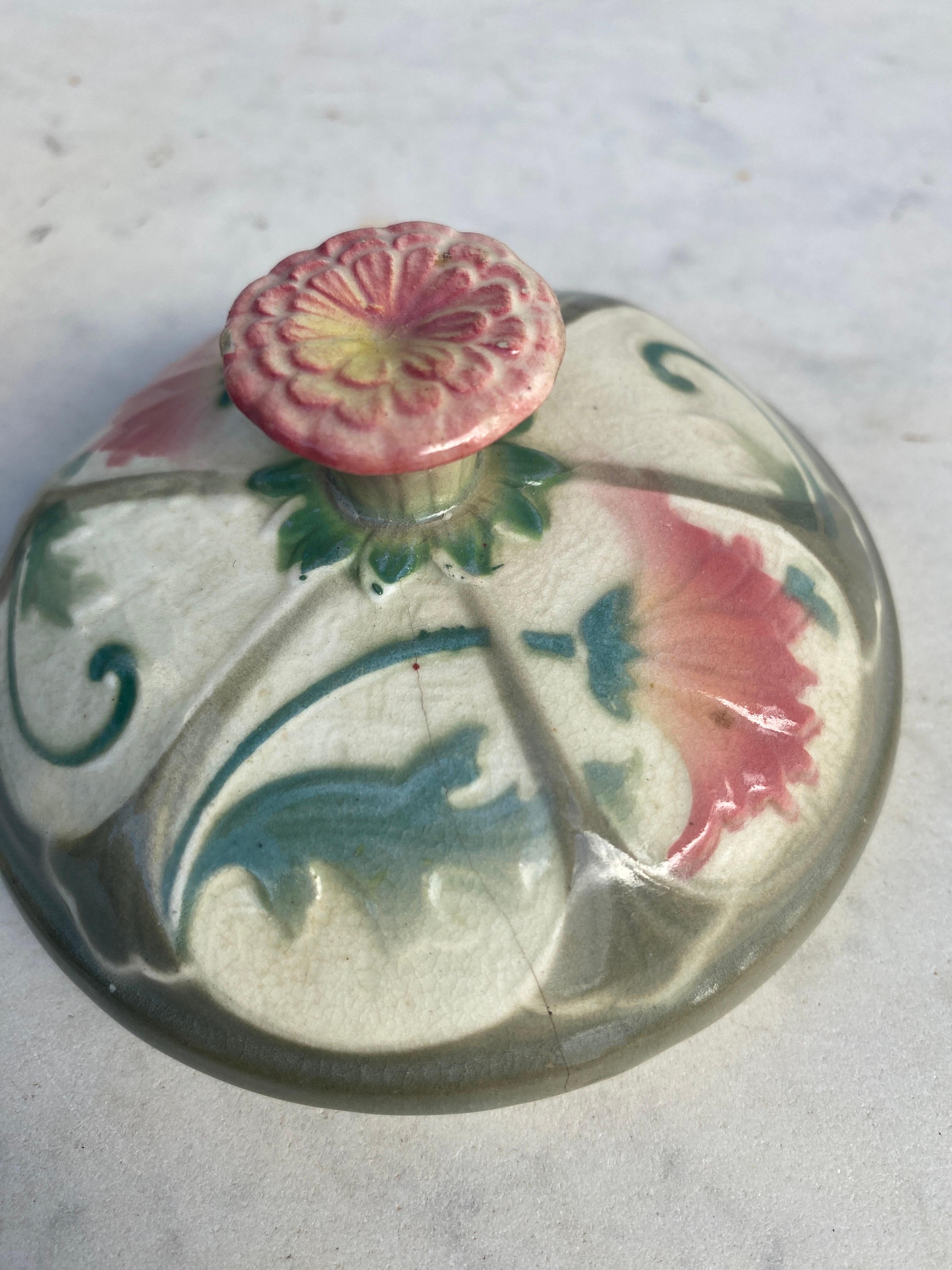 Ceramic French Majolica Daisies Kitchen Flour Canister Circa 1900 For Sale