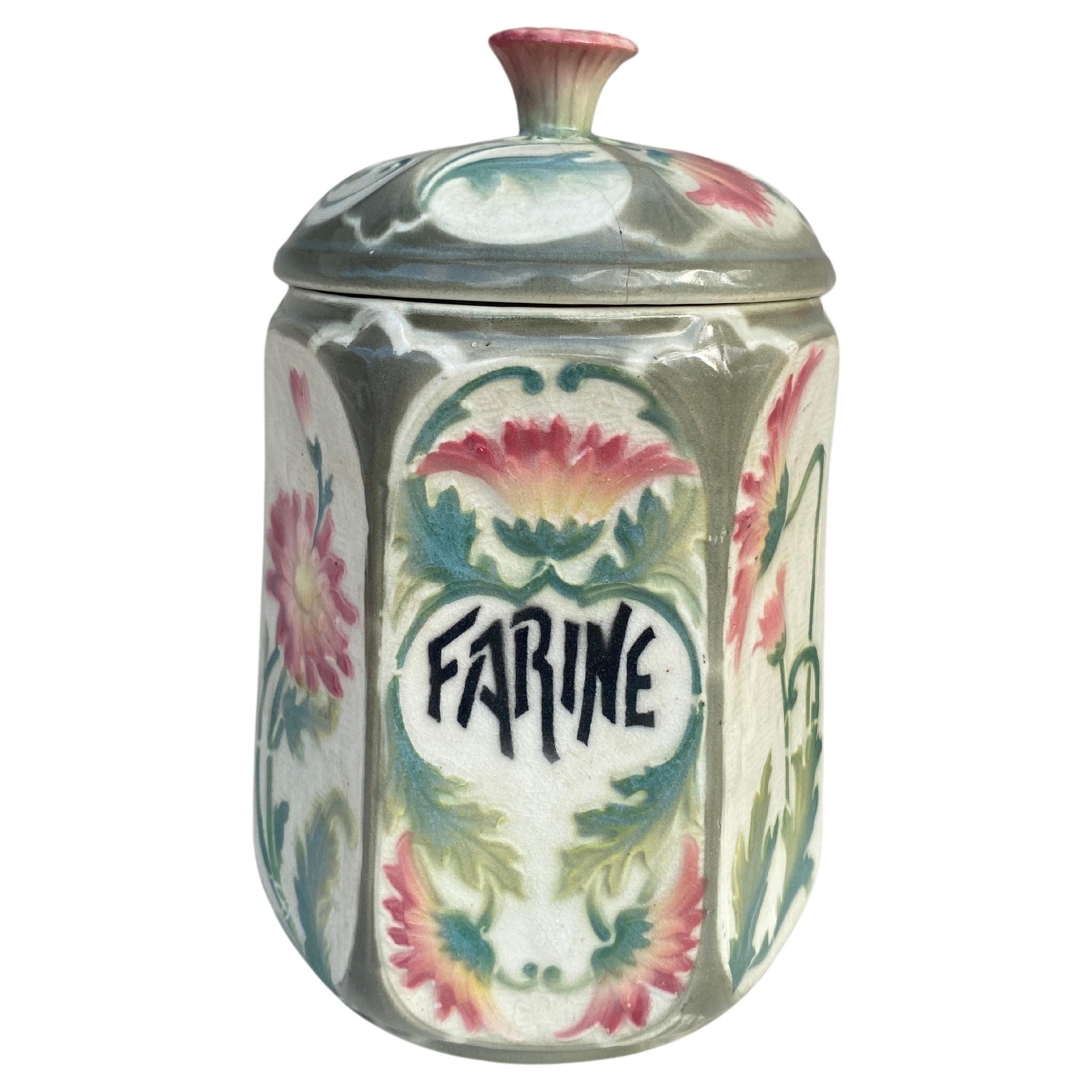 French Majolica Daisies Kitchen Flour Canister Circa 1900 For Sale
