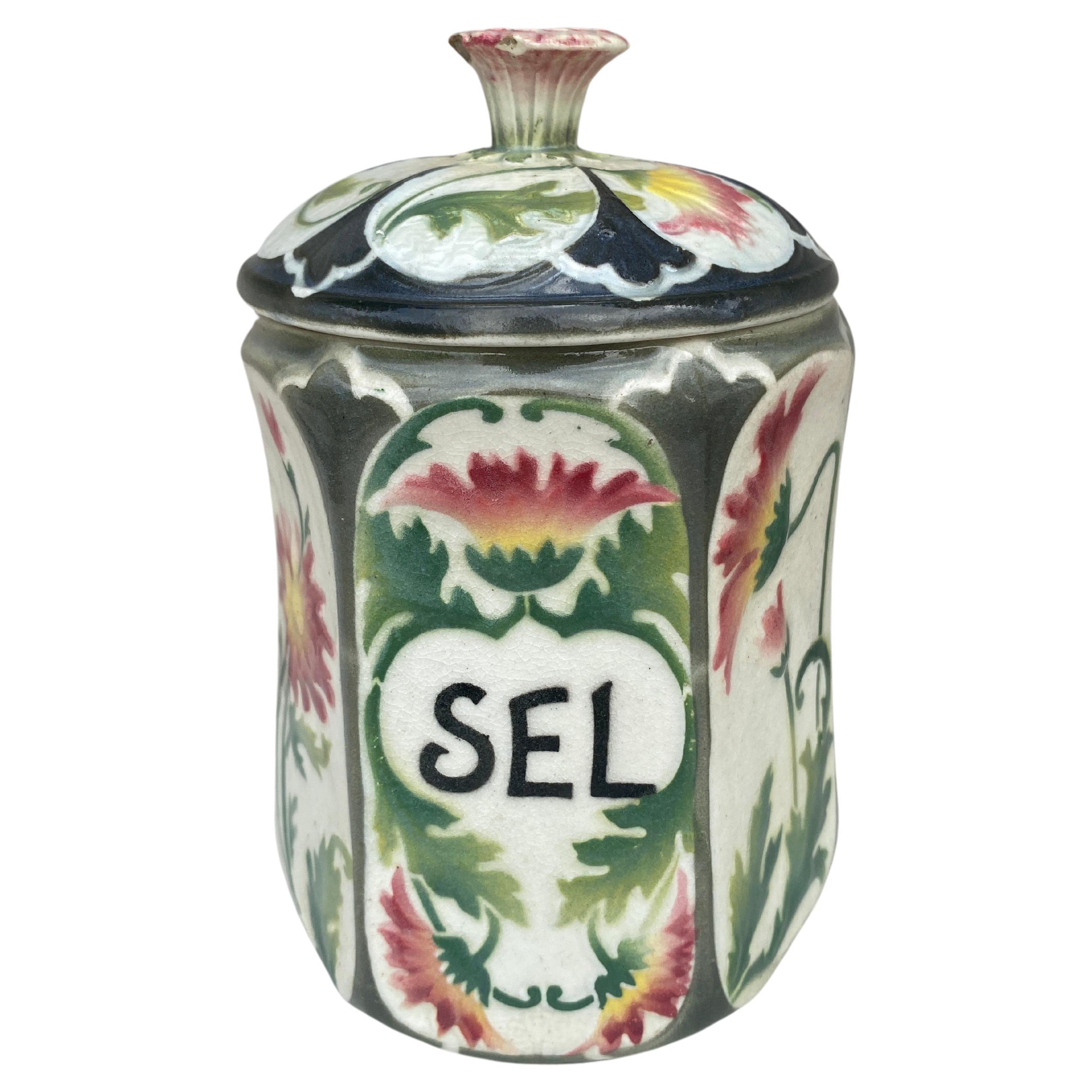 French Majolica Daisies Kitchen Salt Canister Circa 1900 For Sale