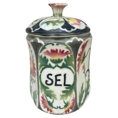 Used French Majolica Daisies Kitchen Salt Canister Circa 1900