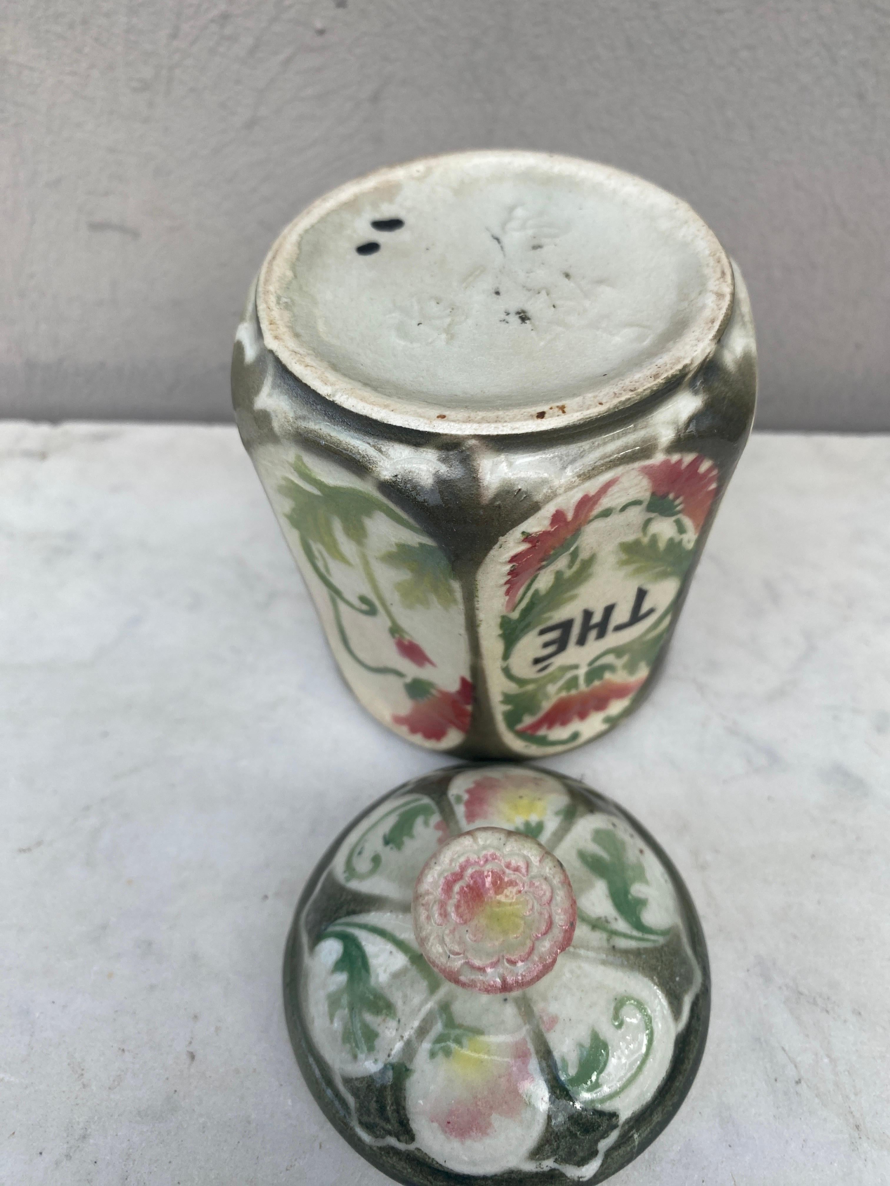 Ceramic French Majolica Daisies Kitchen Tea Canister Circa 1900 For Sale