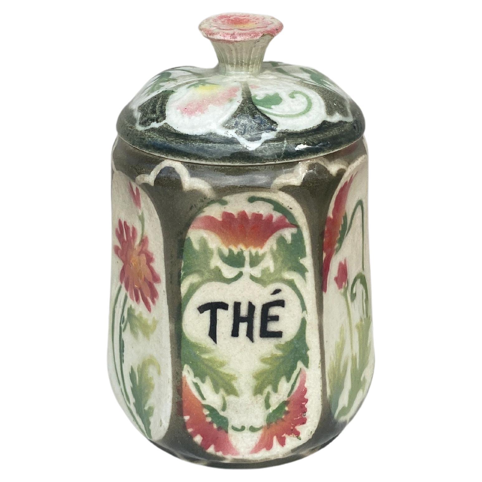 French Majolica Daisies Kitchen Tea Canister Circa 1900 For Sale