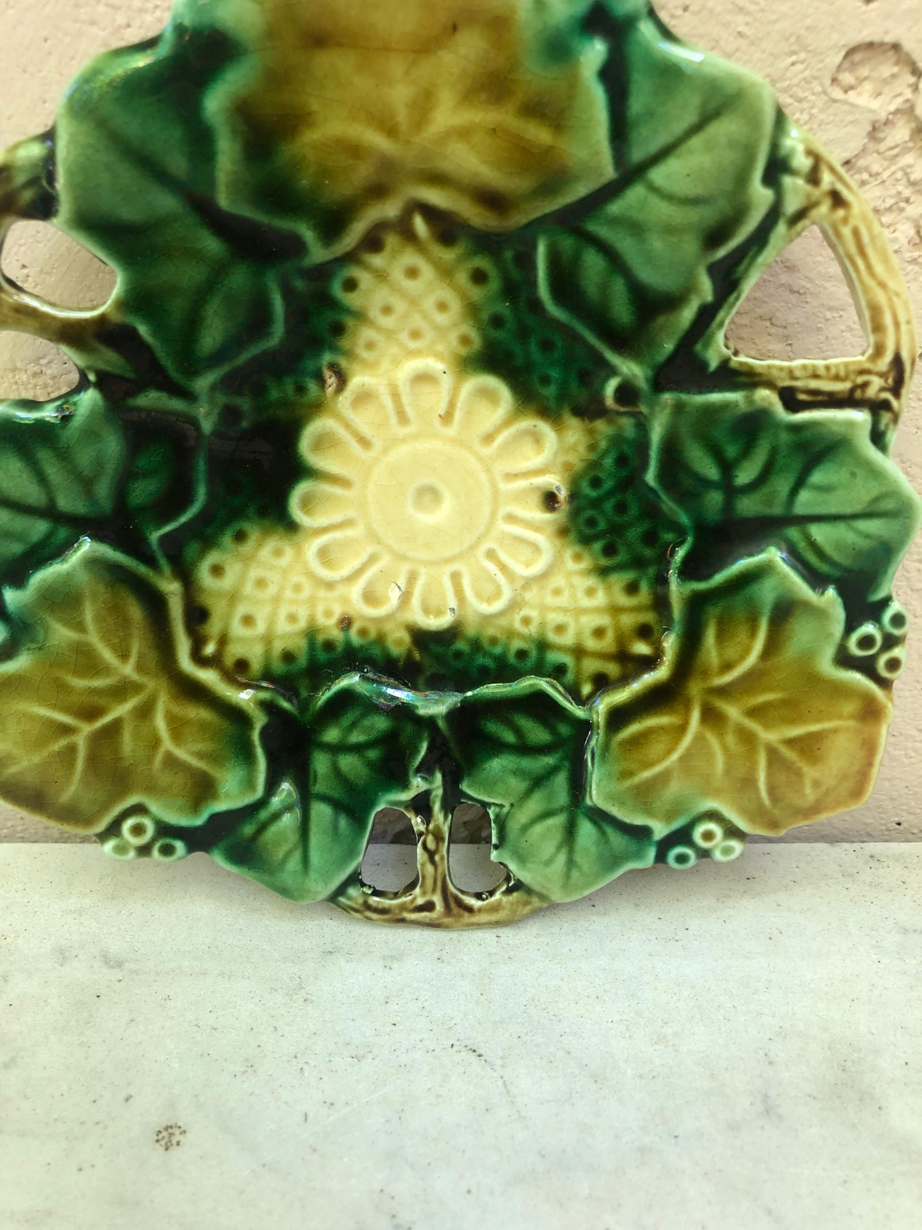Rustic French Majolica Dish Leaf, Circa 1890 For Sale