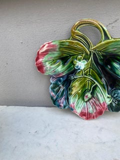 French Majolica Dish Strawberry Leaf , circa 1890