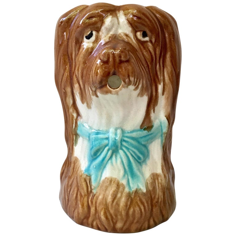 French Majolica dog pitcher, ca. 1900, offered by Majolicadream