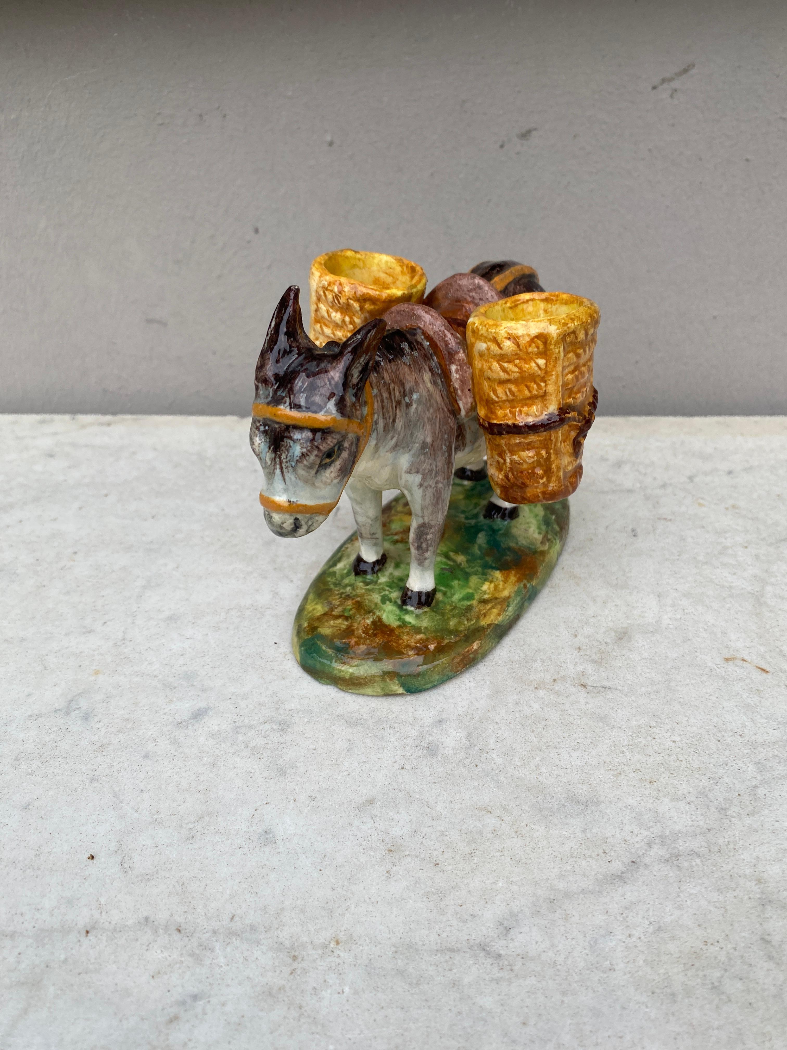 Country French Majolica Donkey Vallauris with Basket, circa 1930 For Sale