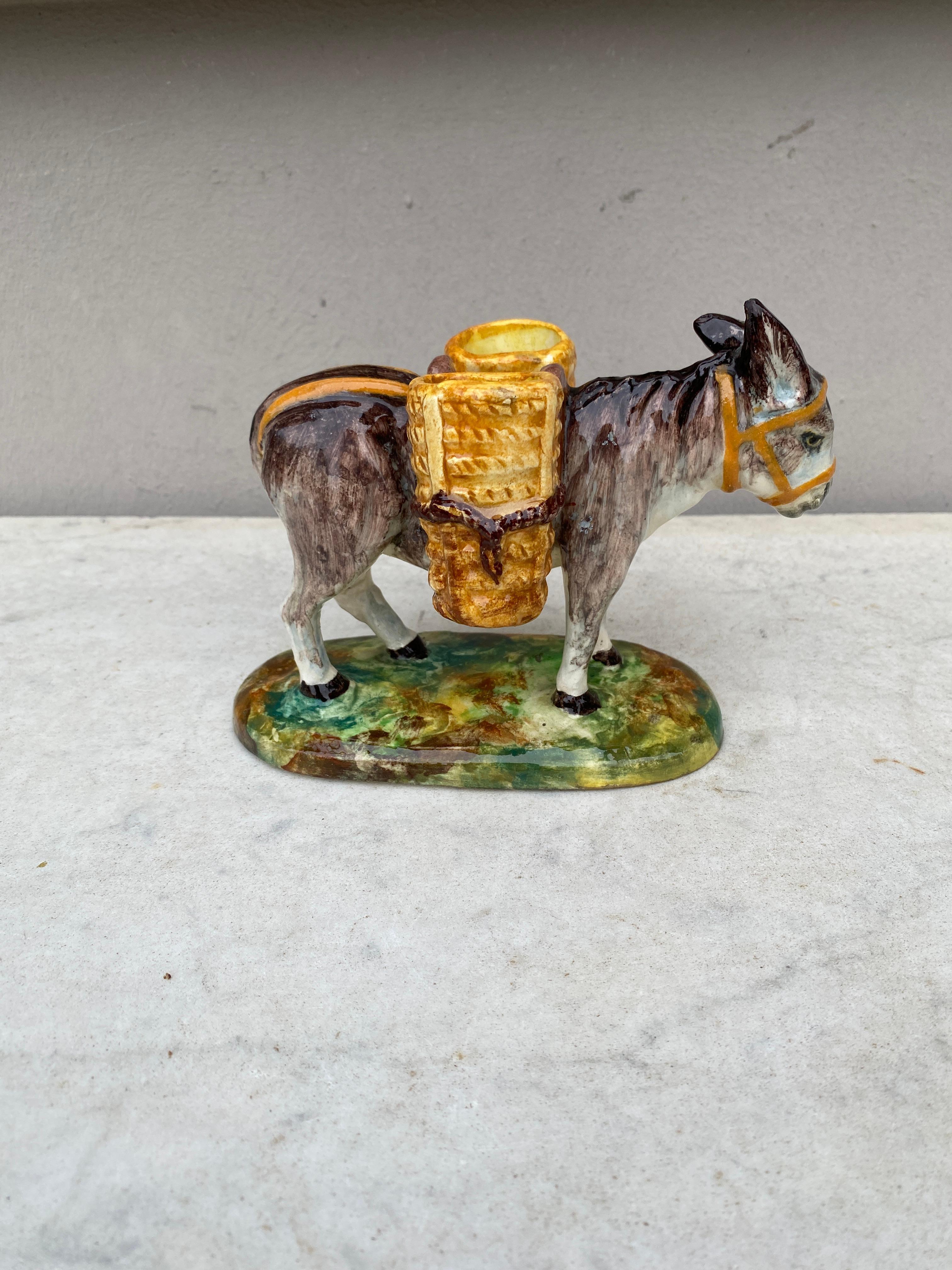 French Majolica Donkey Vallauris with Basket, circa 1930 In Good Condition For Sale In Austin, TX