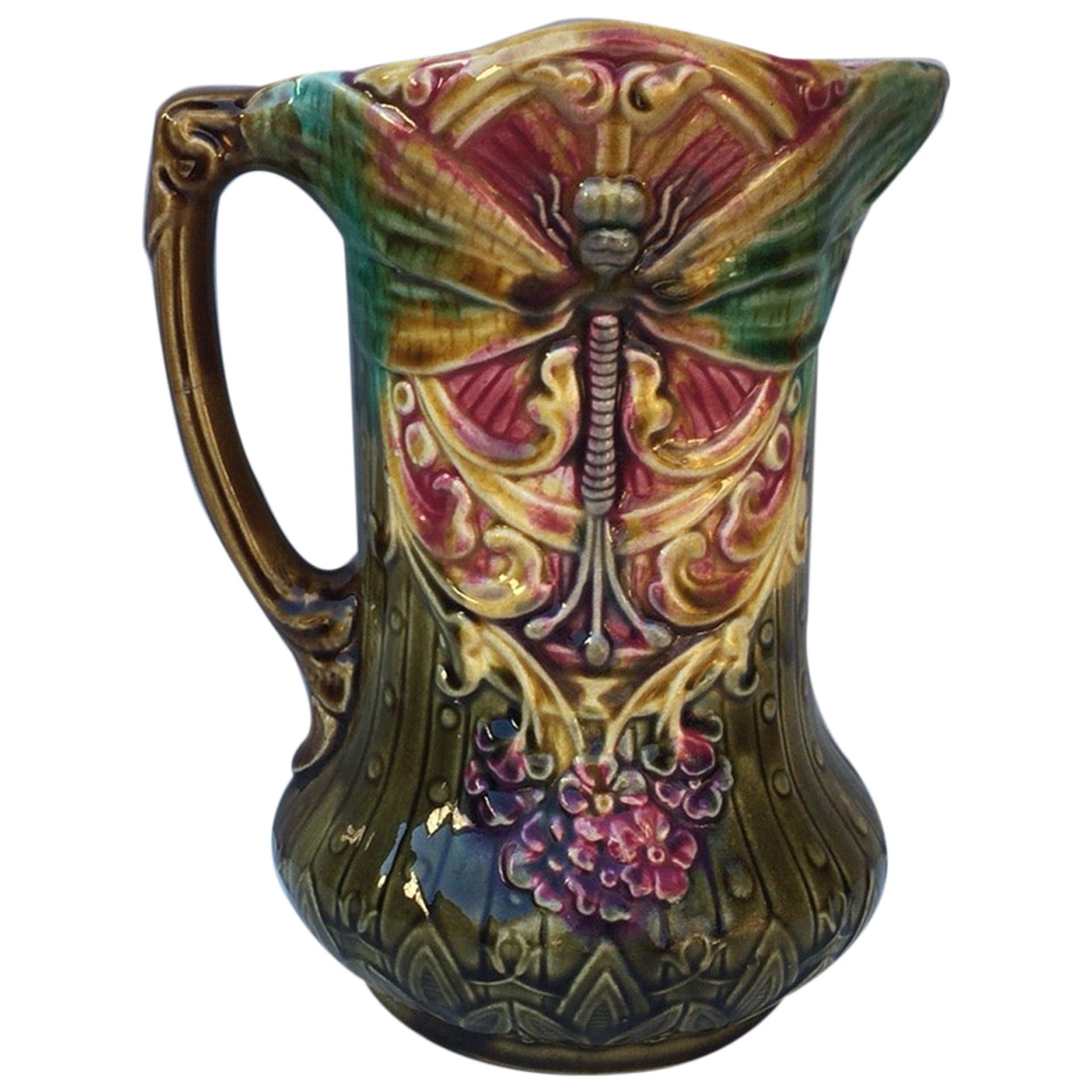 French Majolica Dragonfly Pitcher Onnaing, circa 1900 For Sale