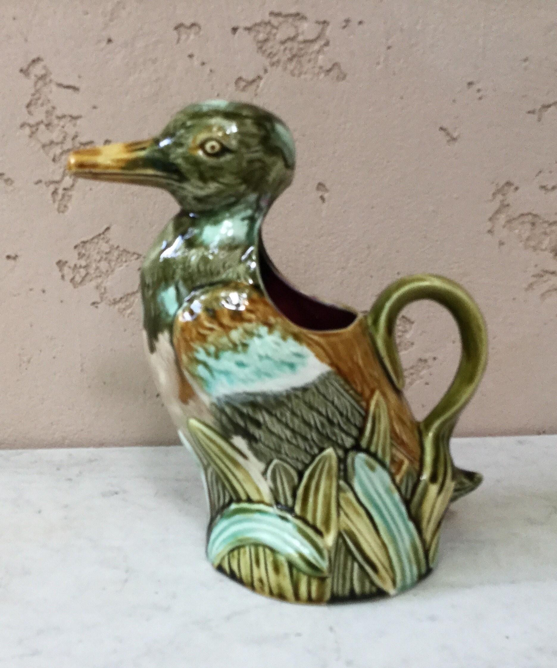 French rustic majolica duck pitcher signed Onnaing, circa 1890.