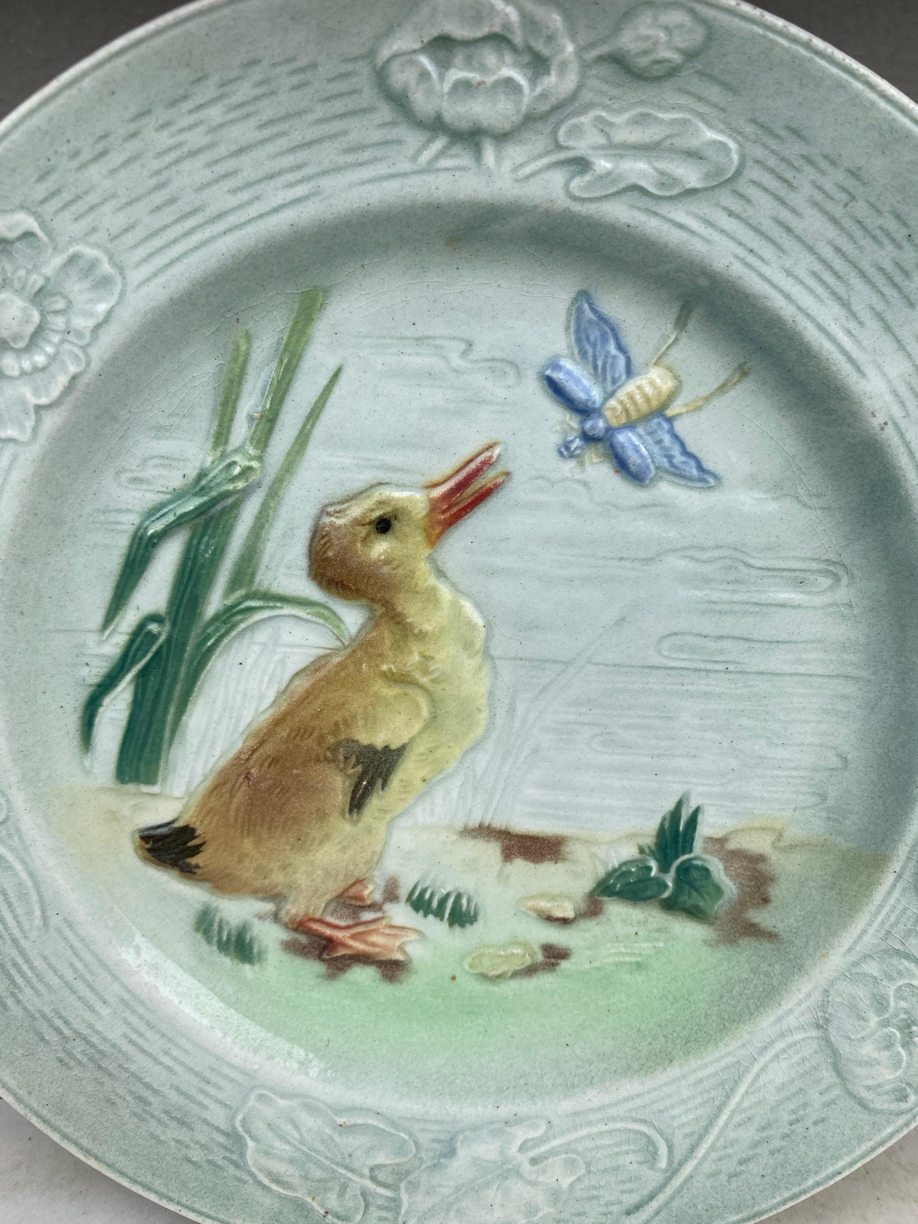 French Majolica Duckling and insect and plate Keller & Guerin Saint Clement circa 1900.
Border with poppies.