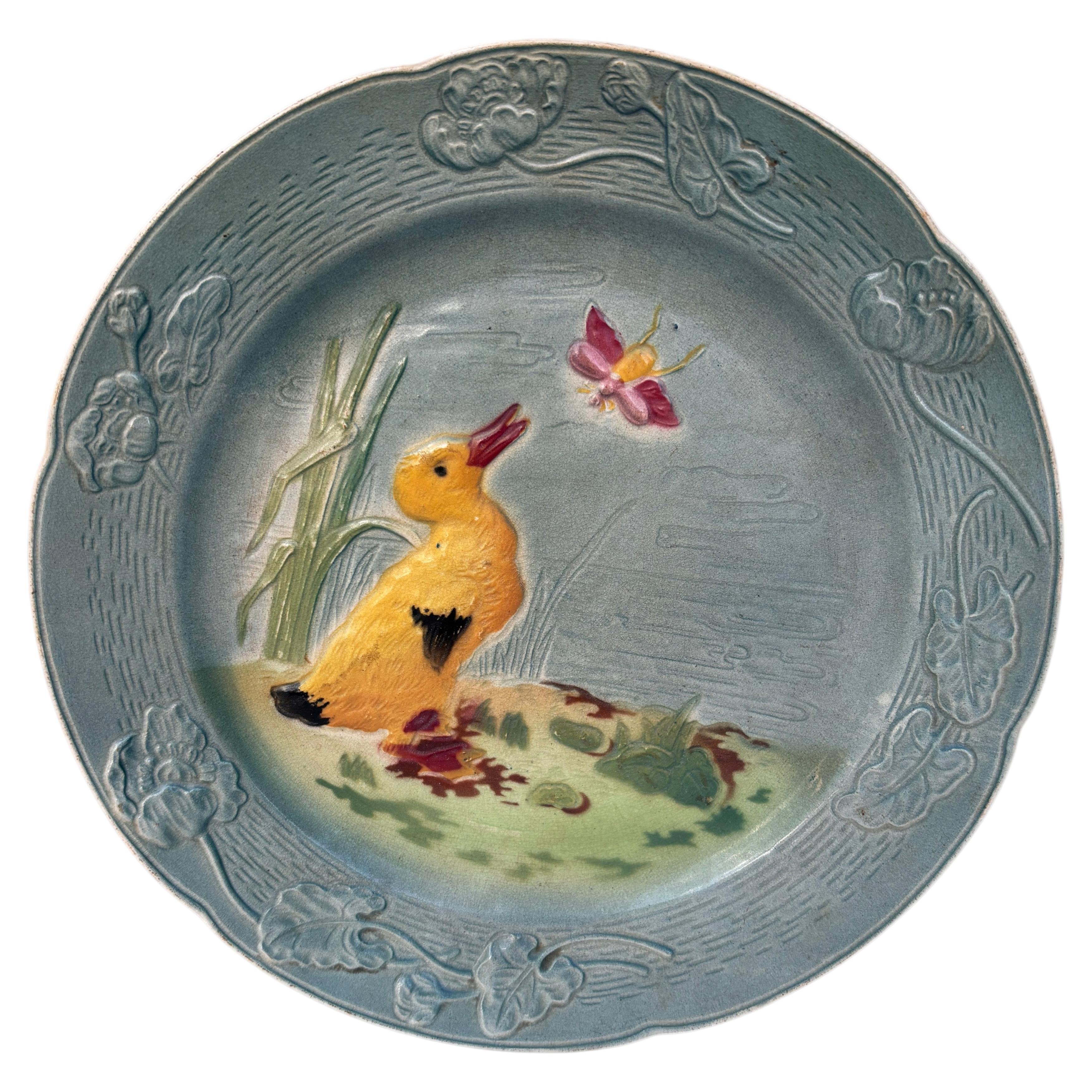French Majolica Duckling Plate Keller & Guerin Saint Clement, Circa 1900 For Sale