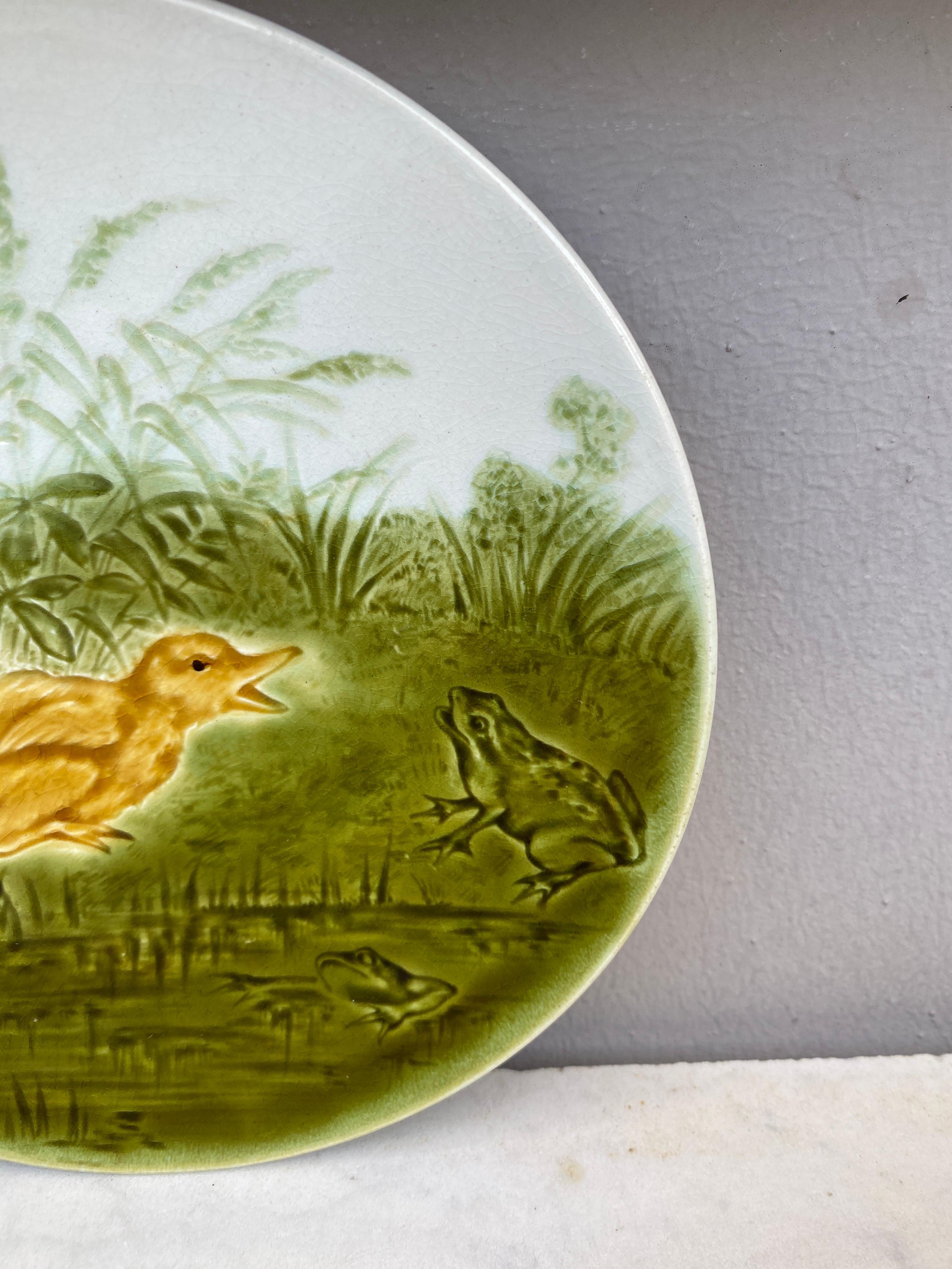 French Majolica ducklings with  frog plate Sarreguemines, circa 1890.