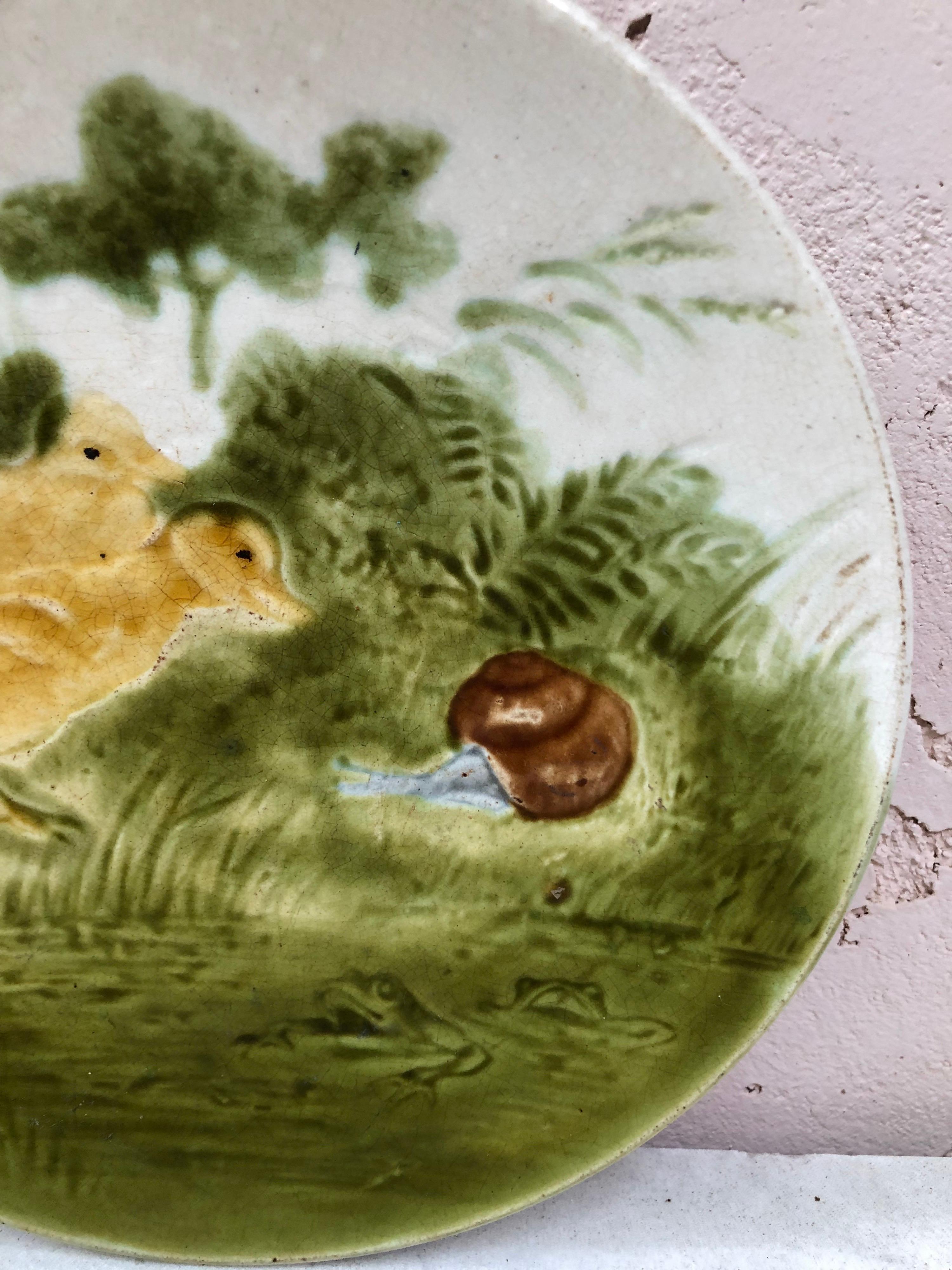French Majolica ducklings with snail & frog plate Sarreguemines, circa 1890.