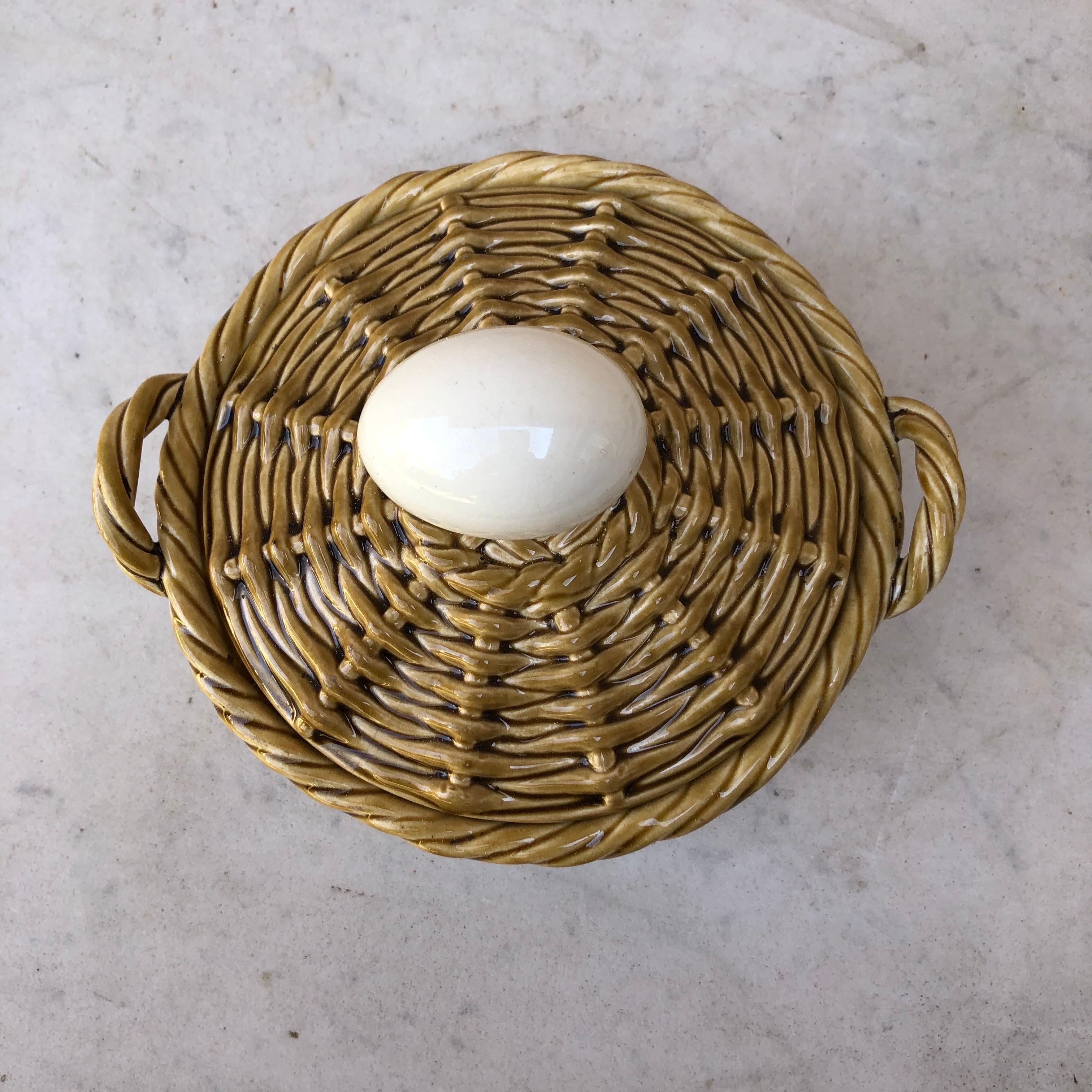 Rustic French Majolica Egg Basket Sarreguemines, Circa 1900