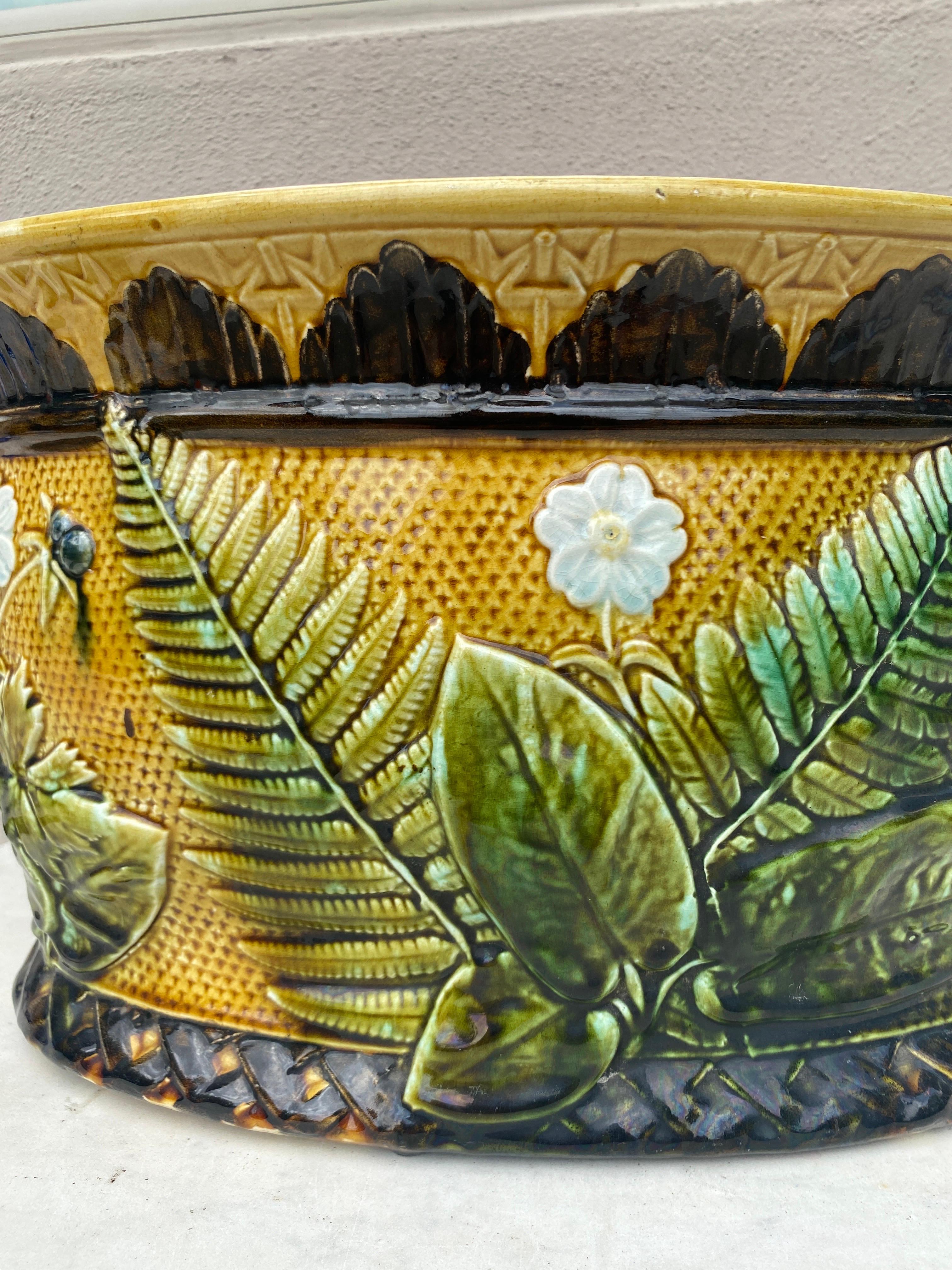 Jardinière francese in maiolica con felci e fiori, 1880 circa in vendita 1