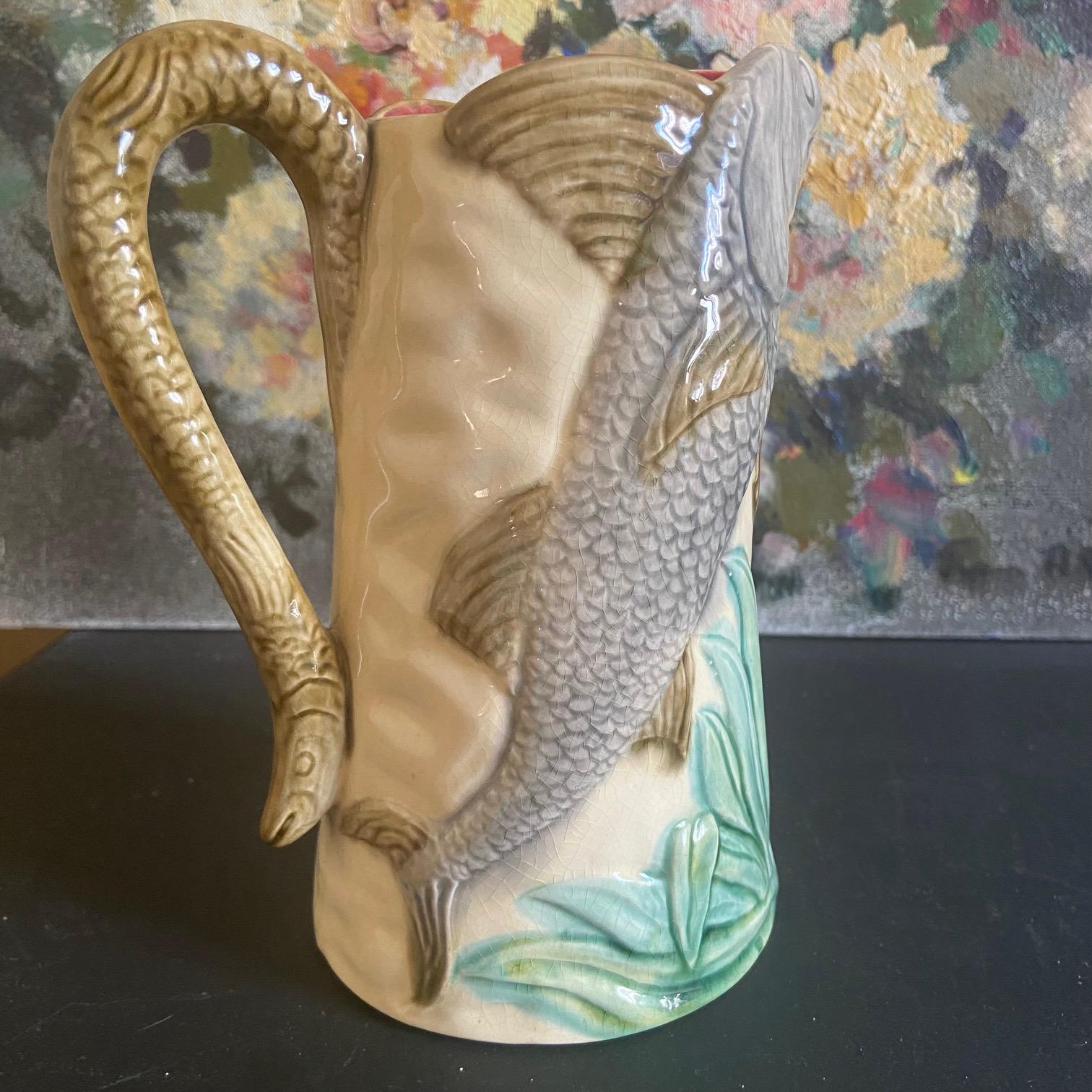 Art Nouveau French Majolica Fish Pitcher, 1930s For Sale